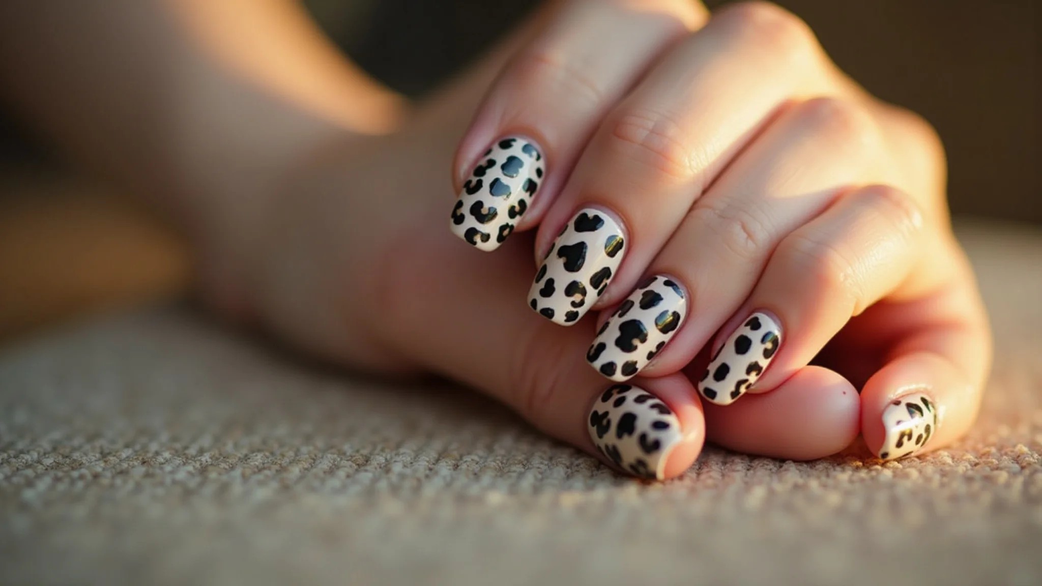 Unhas de fibra com estampa de animal print (oncinha) delicada em tons neutros.