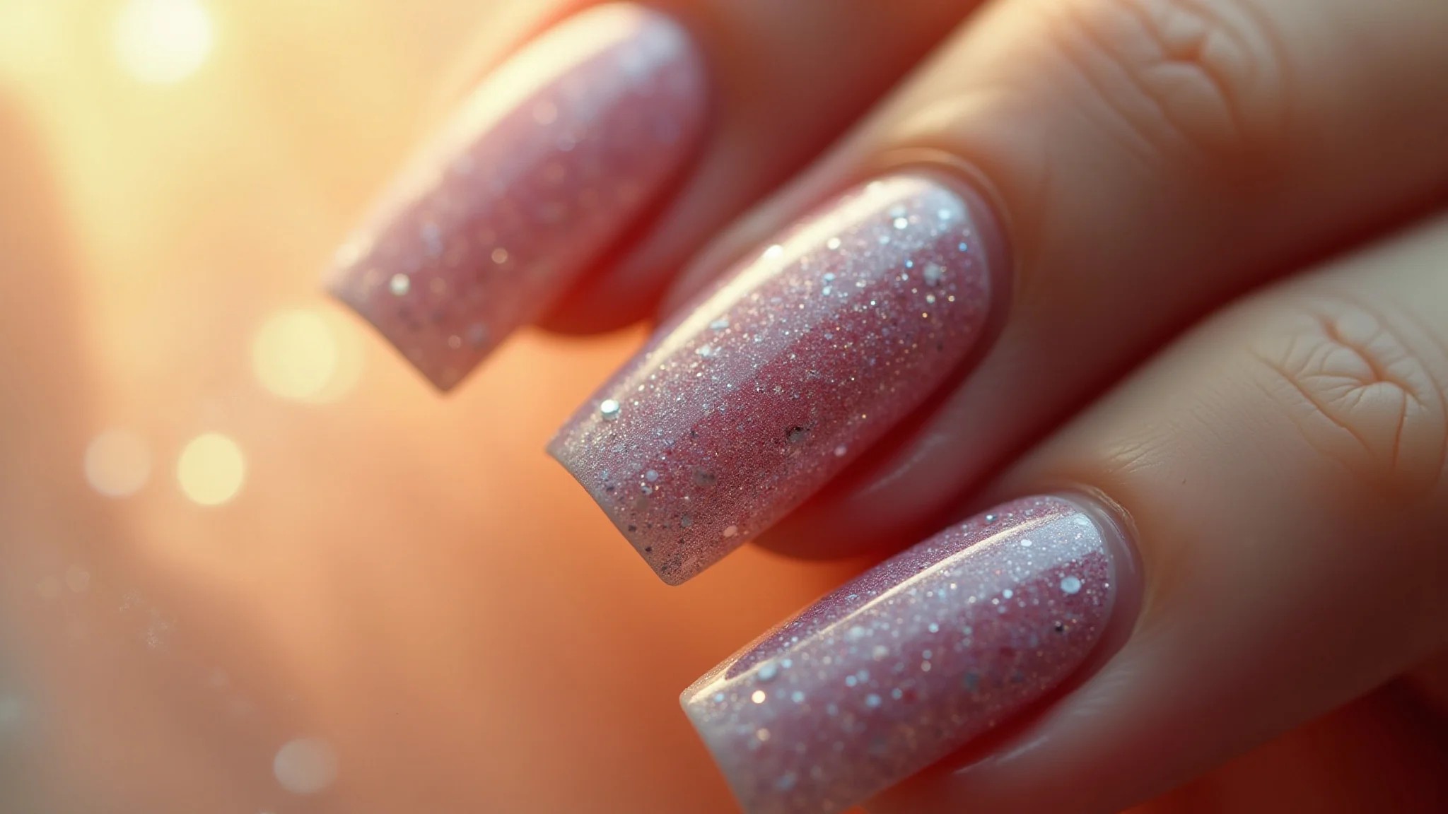 Unhas de fibra com degradê de glitter, do claro ao escuro, efeito glamouroso.