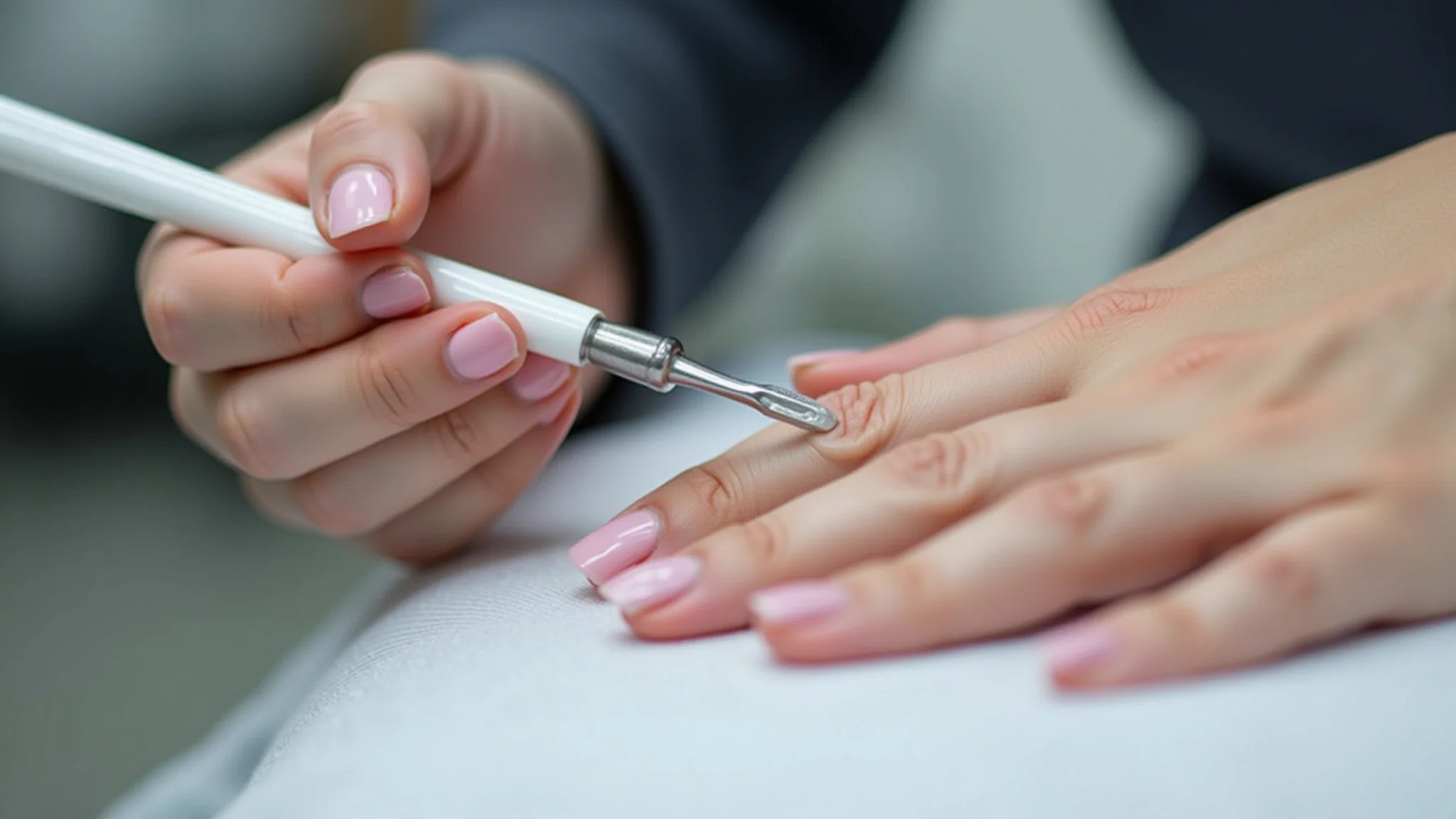 Manutenção de unhas de fibra de vidro em salão.