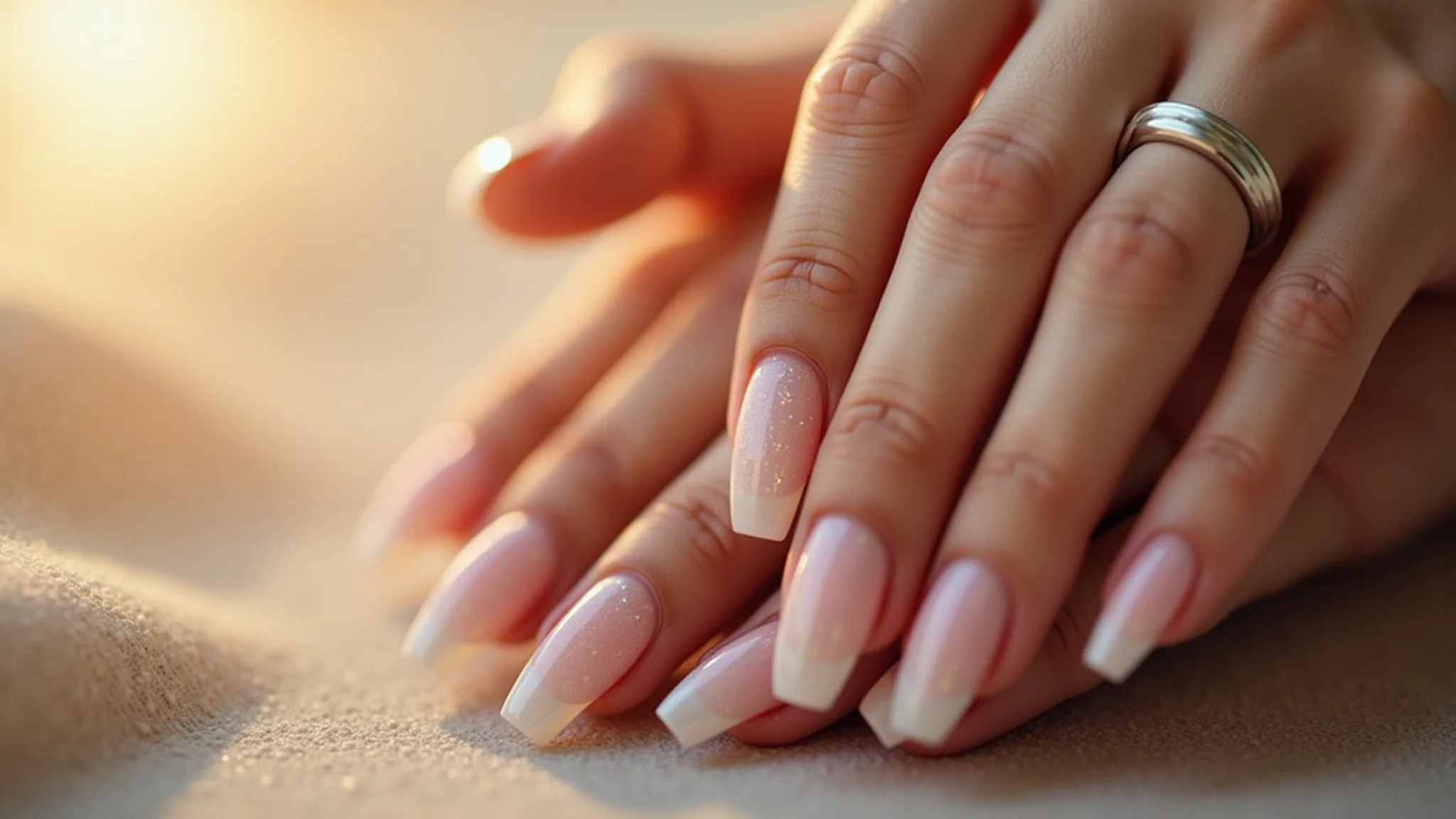 Unhas de fibra de vidro com efeito natural, discretas e elegantes.