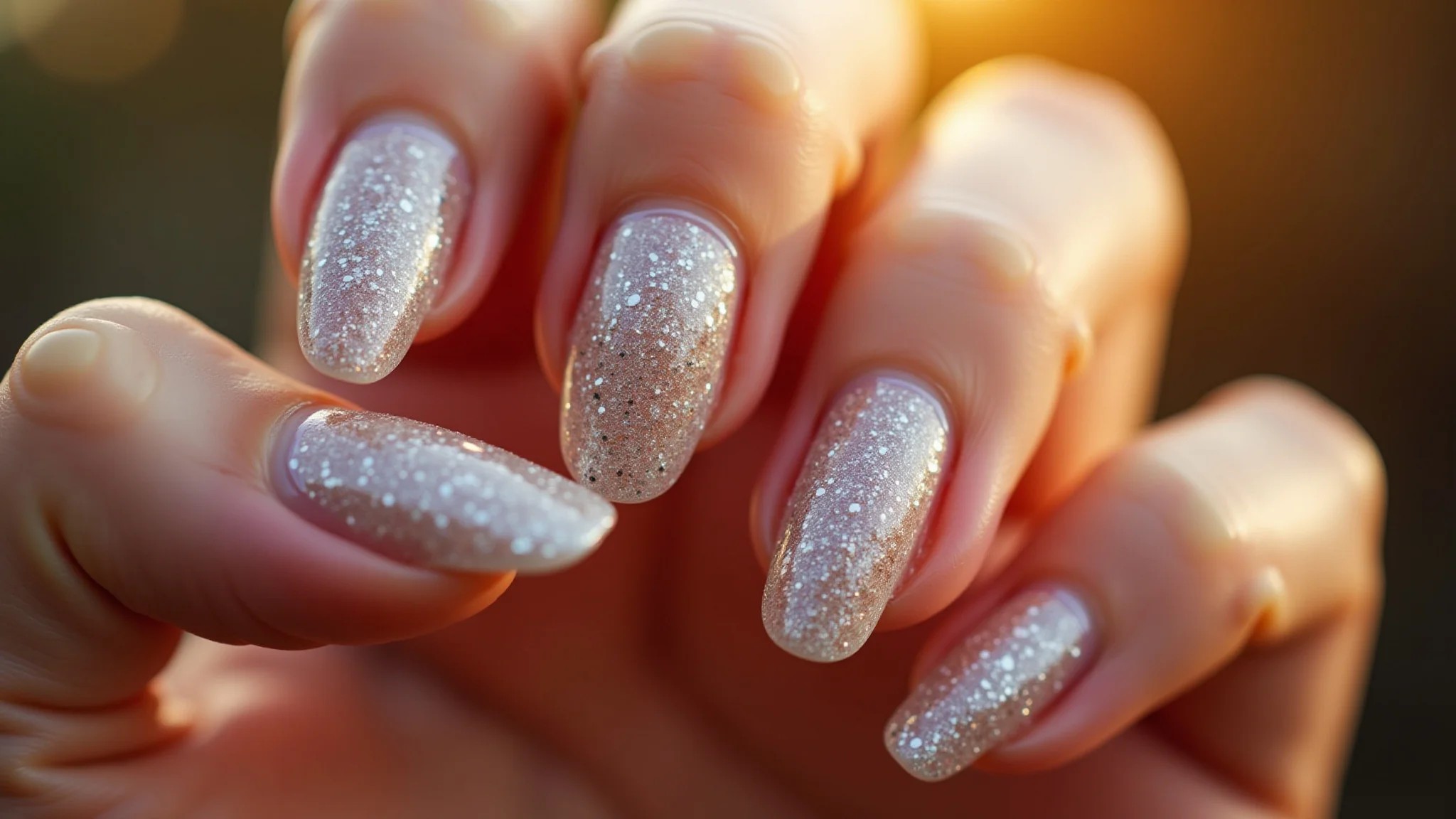 Unhas de fibra de vidro com detalhes em glitter, glamourosas.