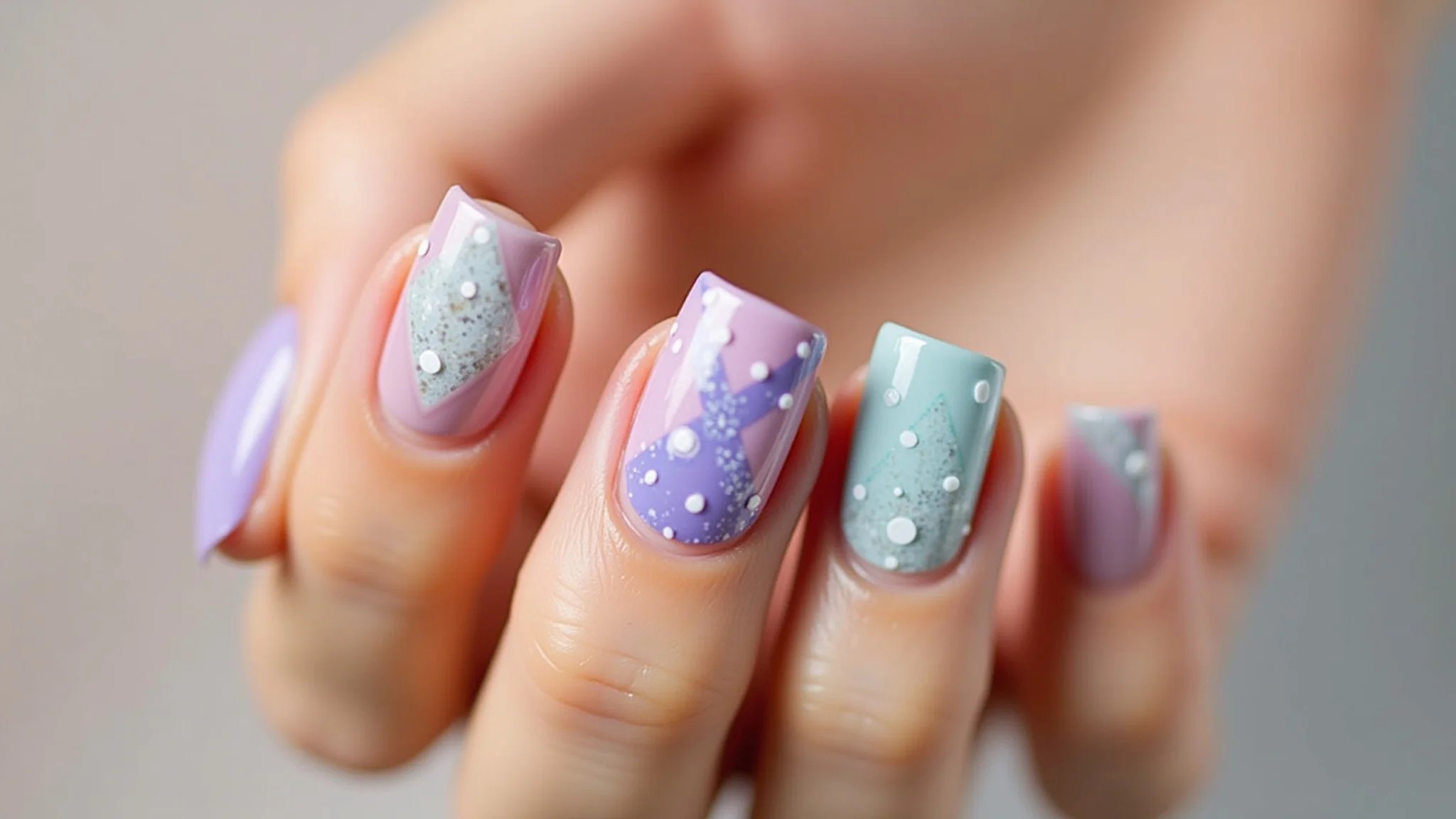 Unhas de gel com design geométrico moderno em tons pastel.