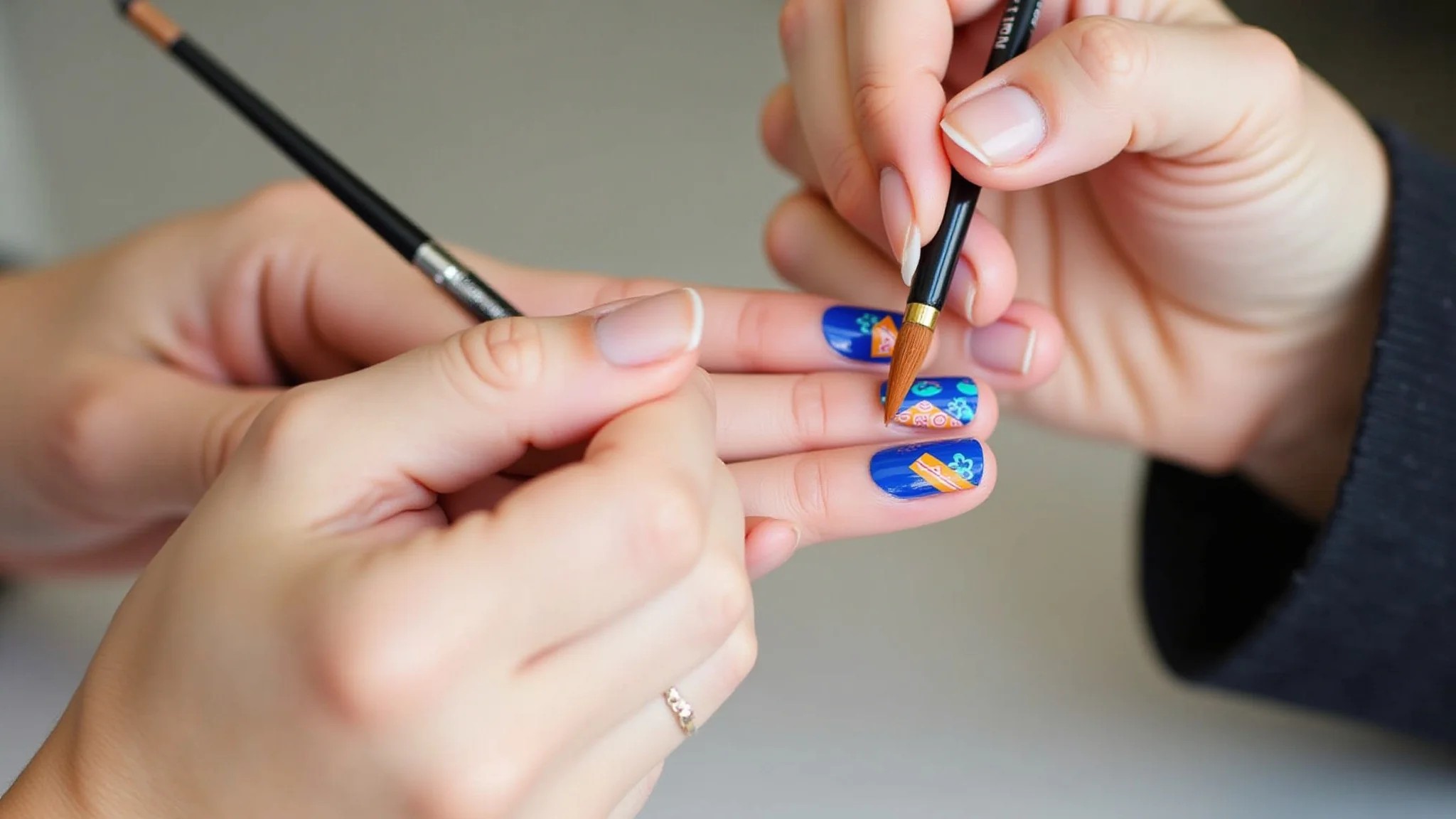 Fazendo nail art geométrica em casa com fitas e pincéis.