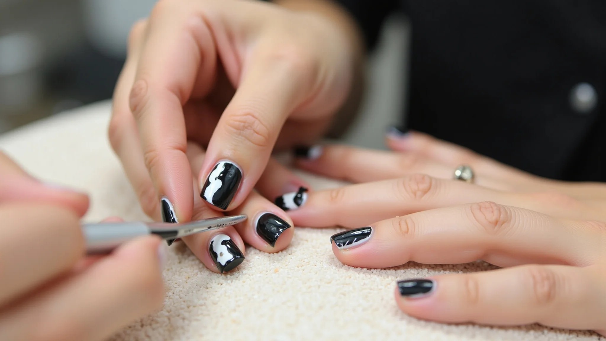 Mãos criando unhas marmorizadas em preto e branco, guia prático.