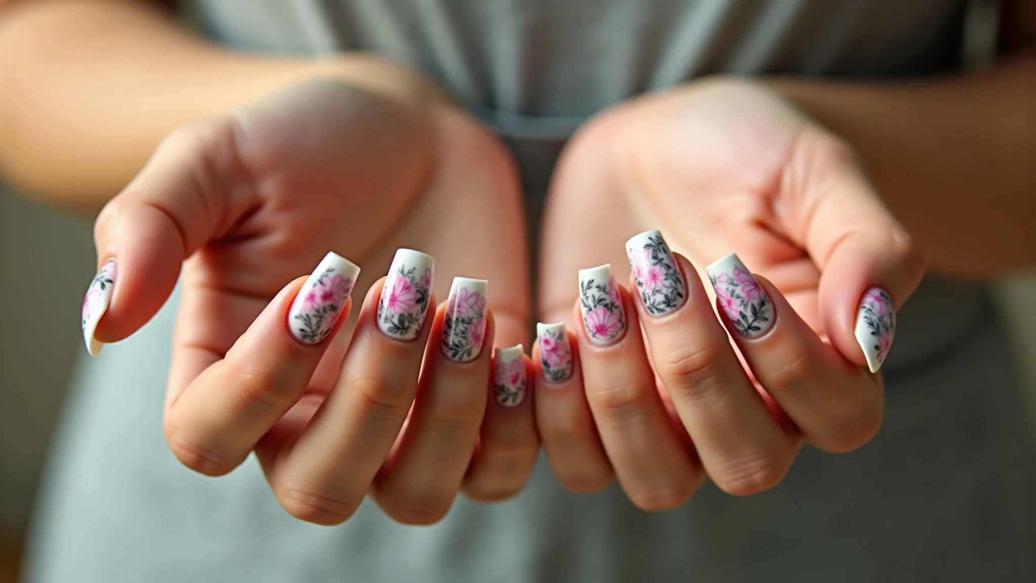 Unhas decoradas com flores delicadas, estilo romântico e feminino.