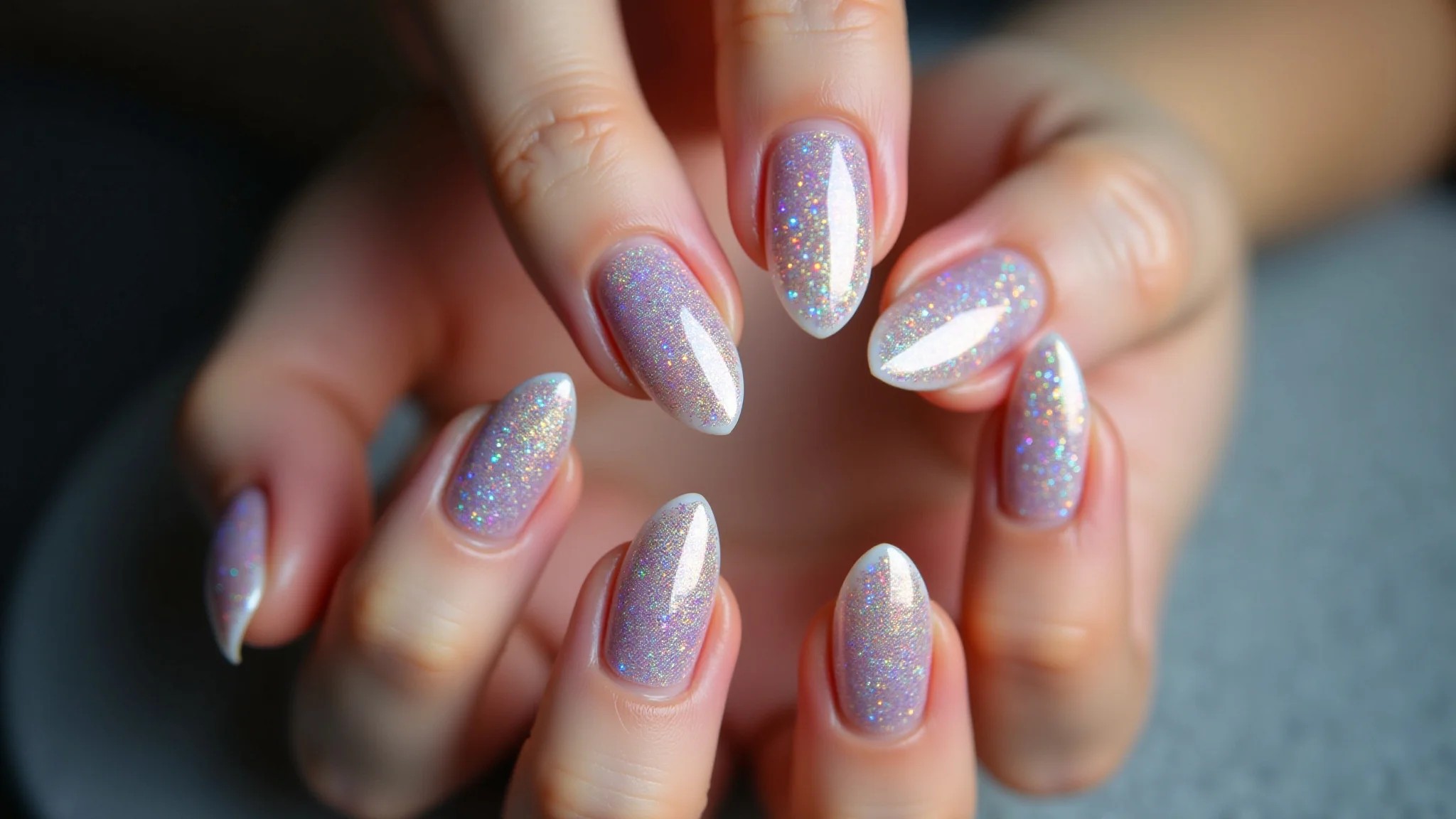 Unhas bailarina com efeito holográfico, visual futurista, fotografia profissional.
