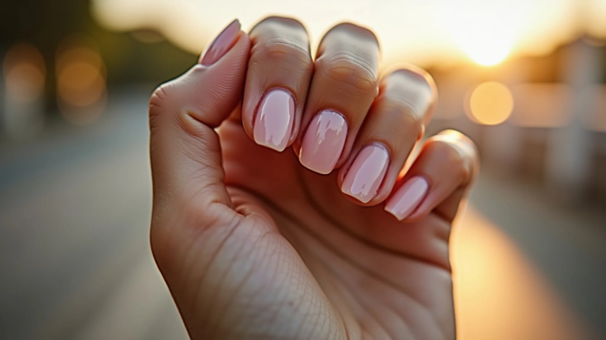 Mão com unhas de fibra de vidro impecáveis e brilhantes.