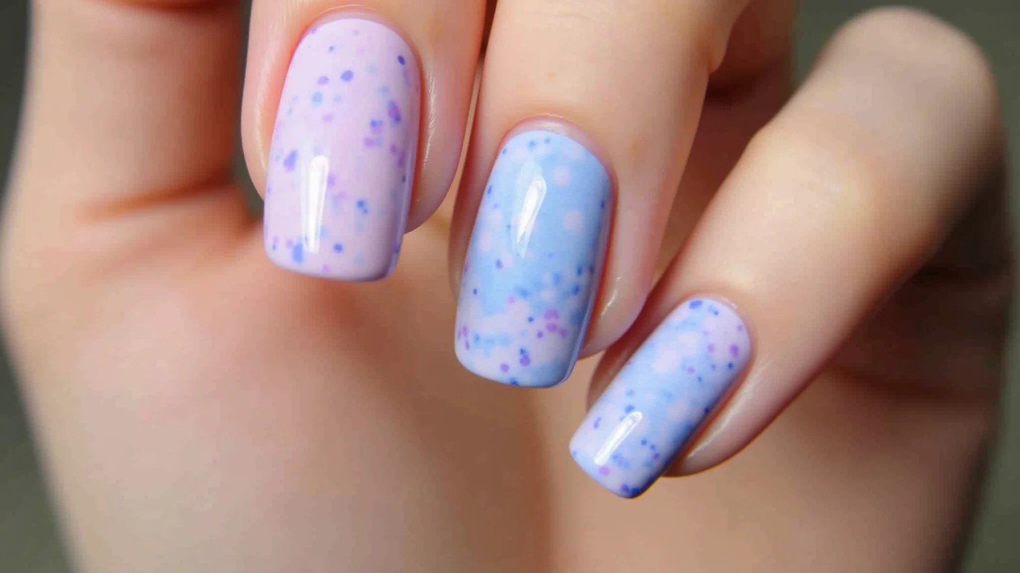 Unhas marmorizadas em tons pastel (rosa, azul e lilás).