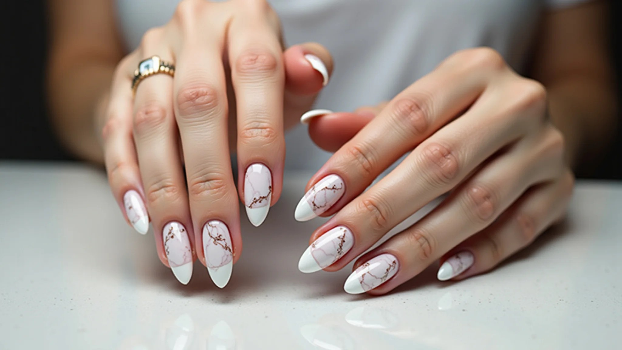 Unhas marmorizadas com efeito elegante e sofisticado.