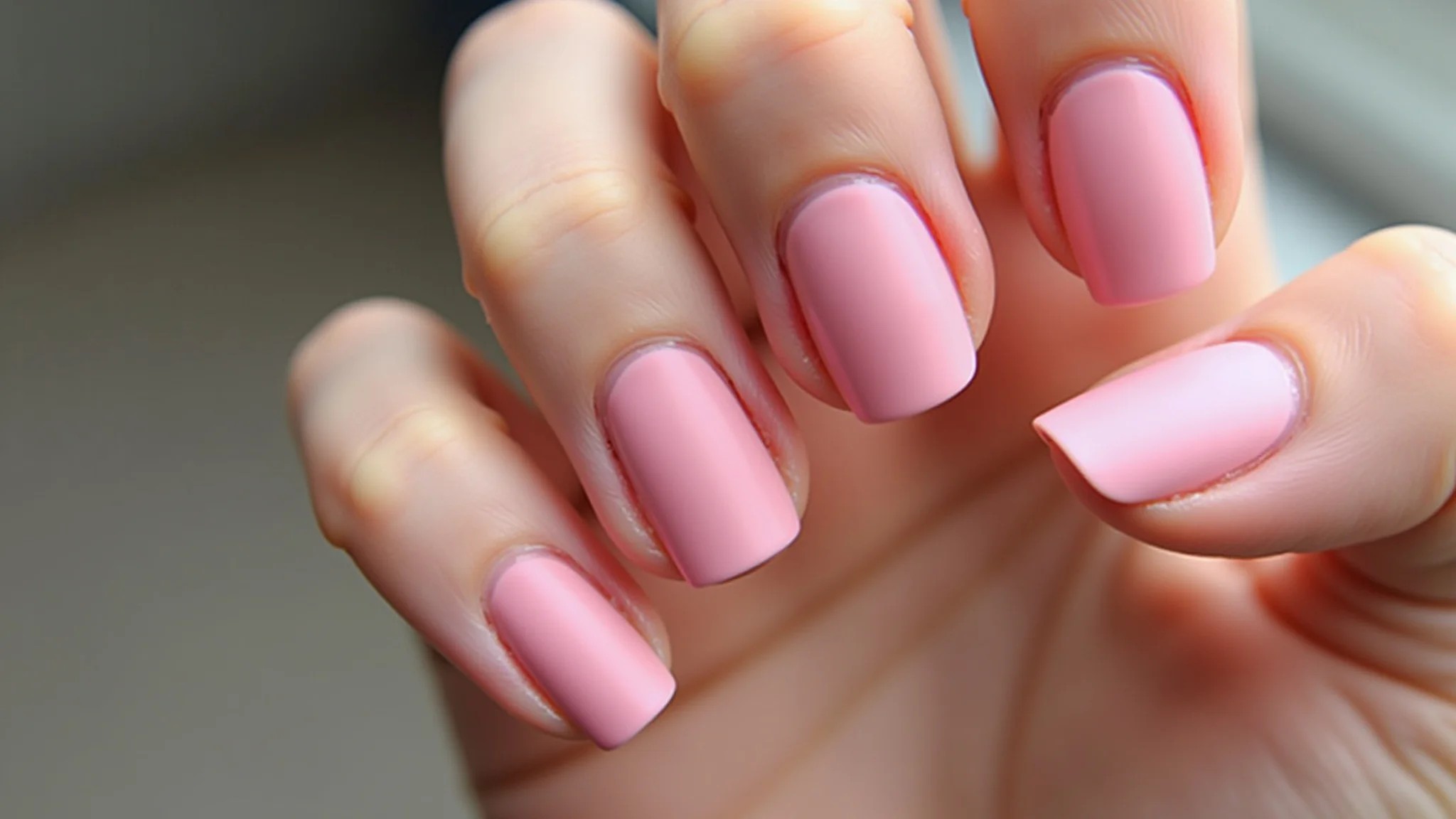 Unhas rosa matte, elegante e sofisticado, luz natural suave.