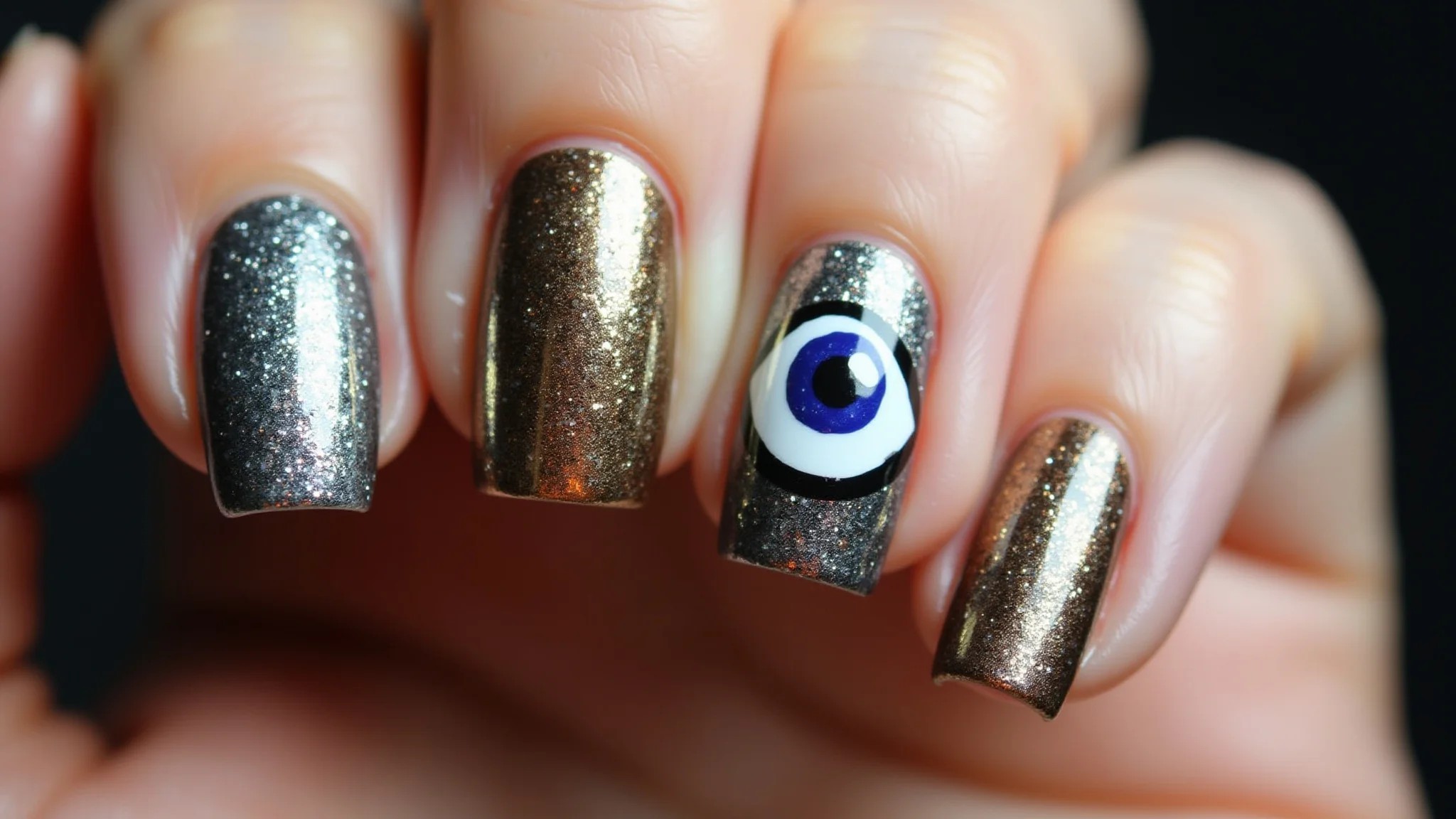 Unhas metalizadas com olho grego futurista.
