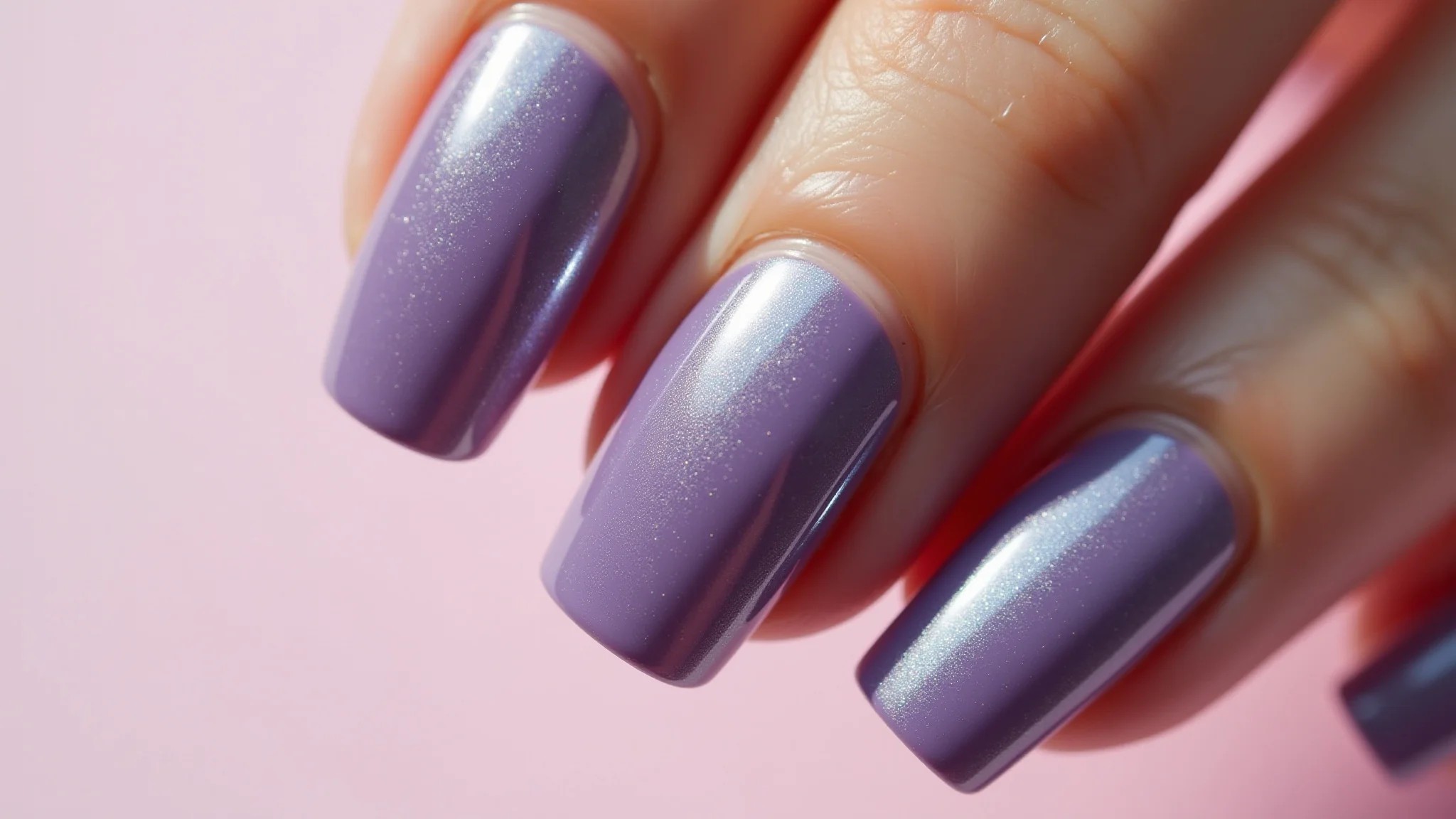 Unhas com esmalte lilás metalizado, fotografia profissional.