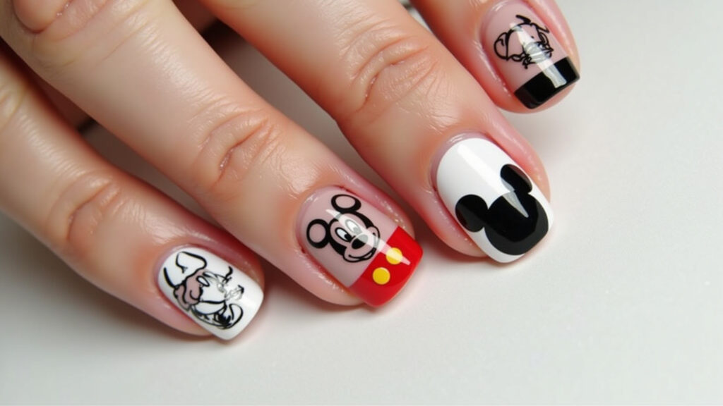 Unhas decoradas com o rosto e orelhas do Mickey Mouse.