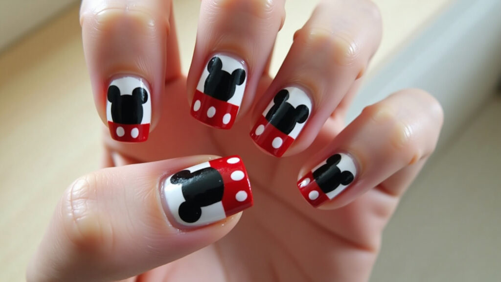 Unhas com as cores do Mickey Mouse: preto, vermelho e branco.