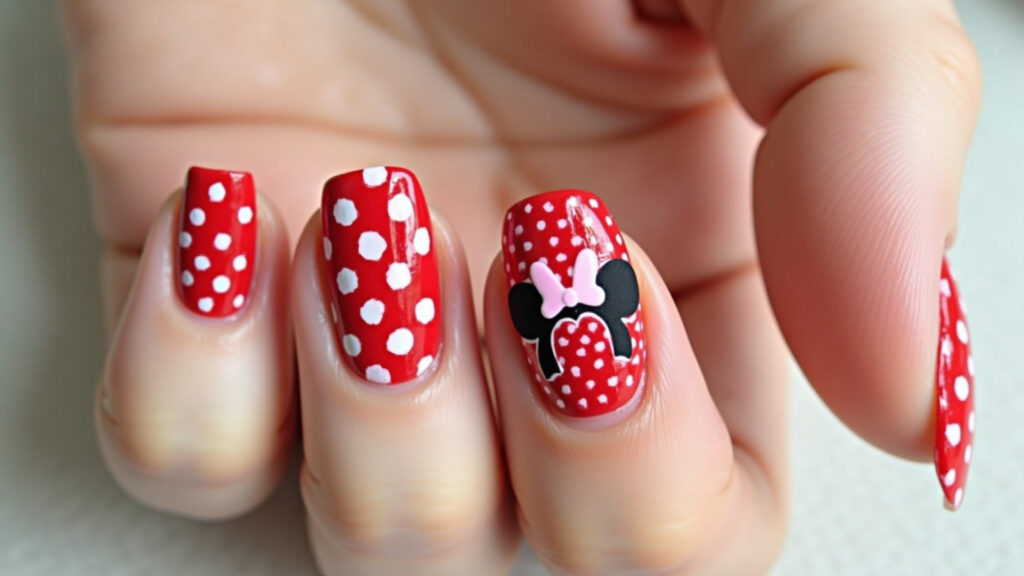Unhas decoradas com tema Minnie Mouse, lacinhos e bolinhas.