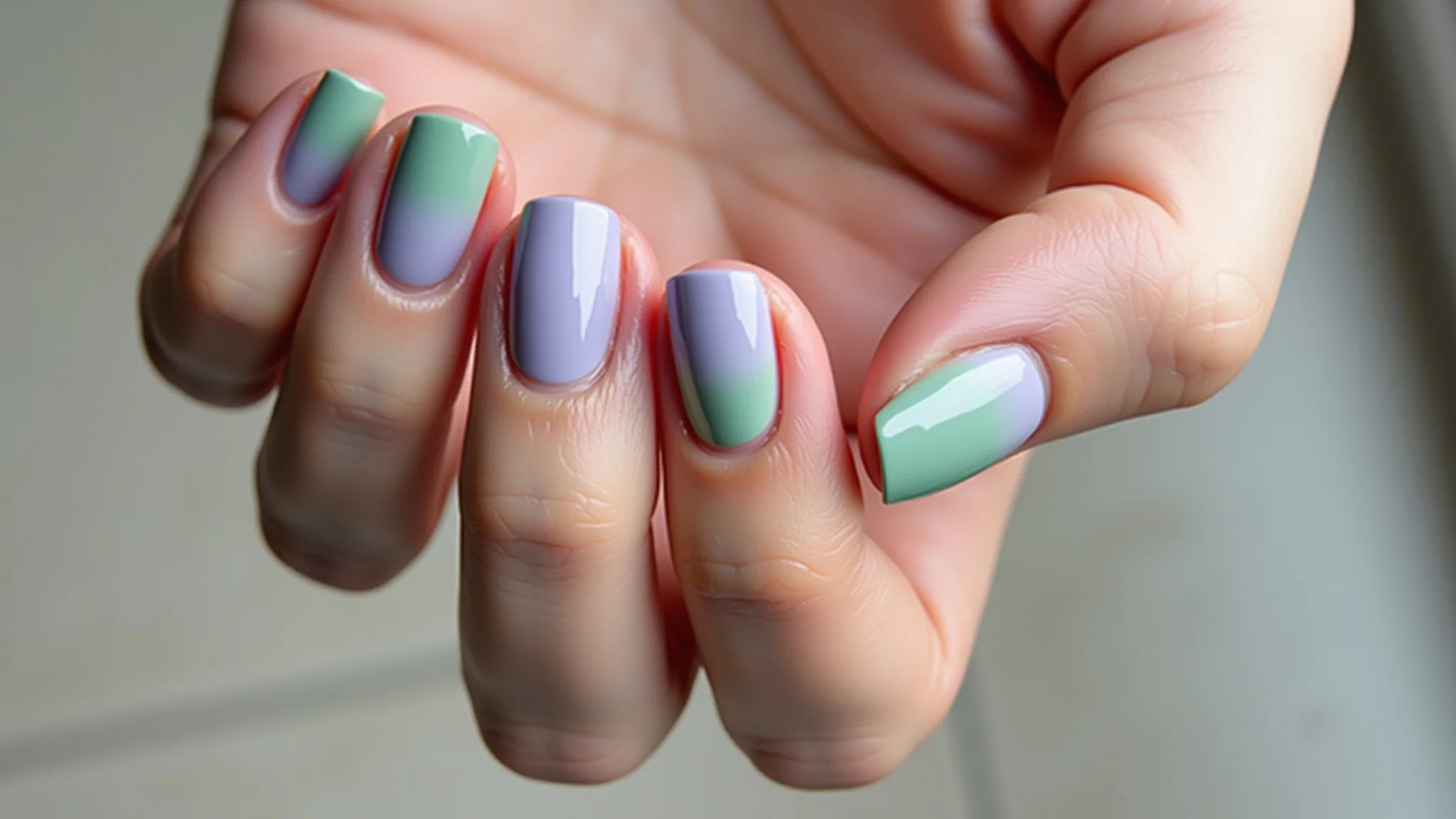 Unhas degradê lilás e verde com transição suave e elegante.