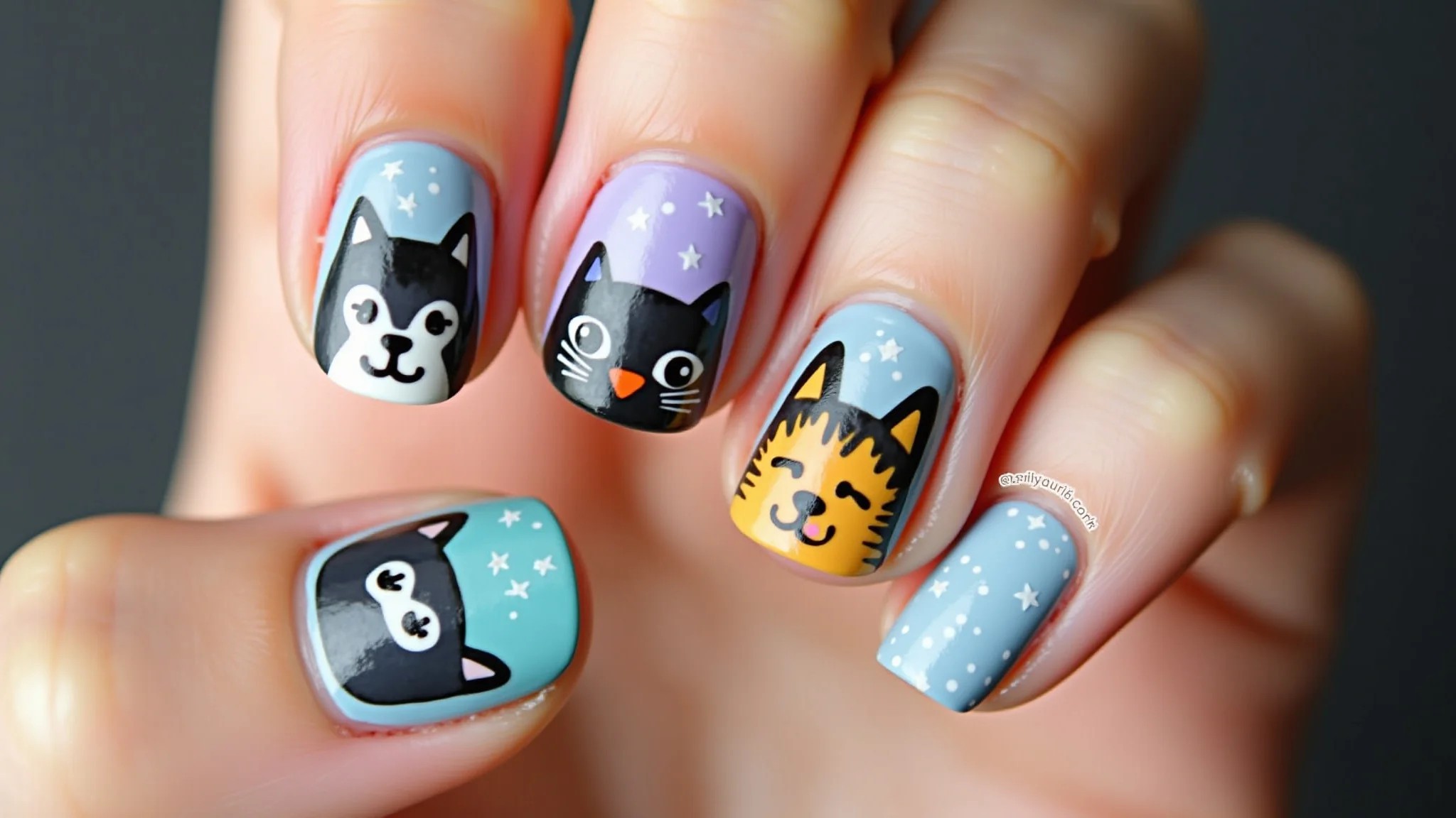 Desenhos de gatos fofos e coloridos nas unhas, uma explosão de ternura.