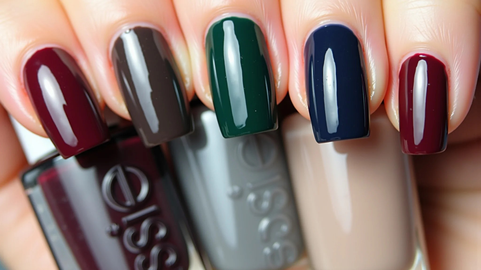 Esmaltes em tons de vinho, marrom, verde musgo, azul marinho, cinza, preto e nude.