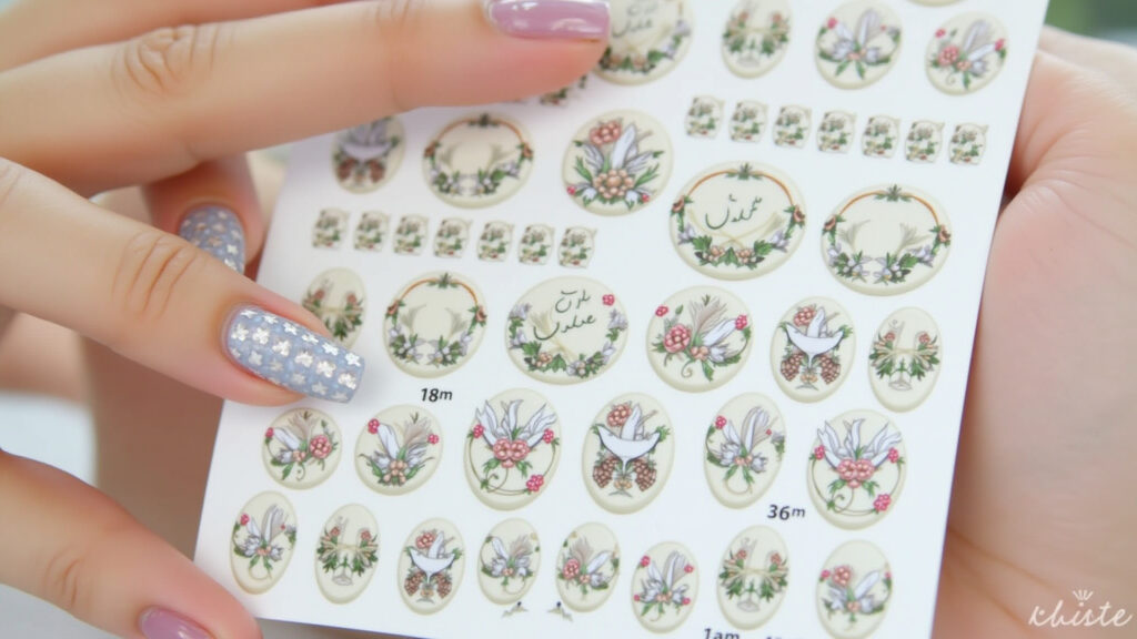 Adesivos temáticos de casamento em unhas decoradas.