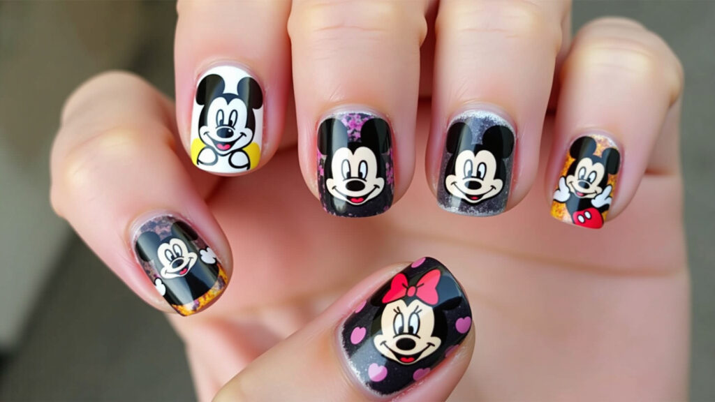 Unhas decoradas com adesivos temáticos do Mickey Mouse.
