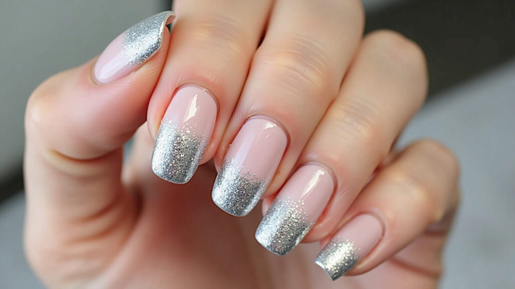 Efeito ombré com glitter prateado em unhas para casamento.
