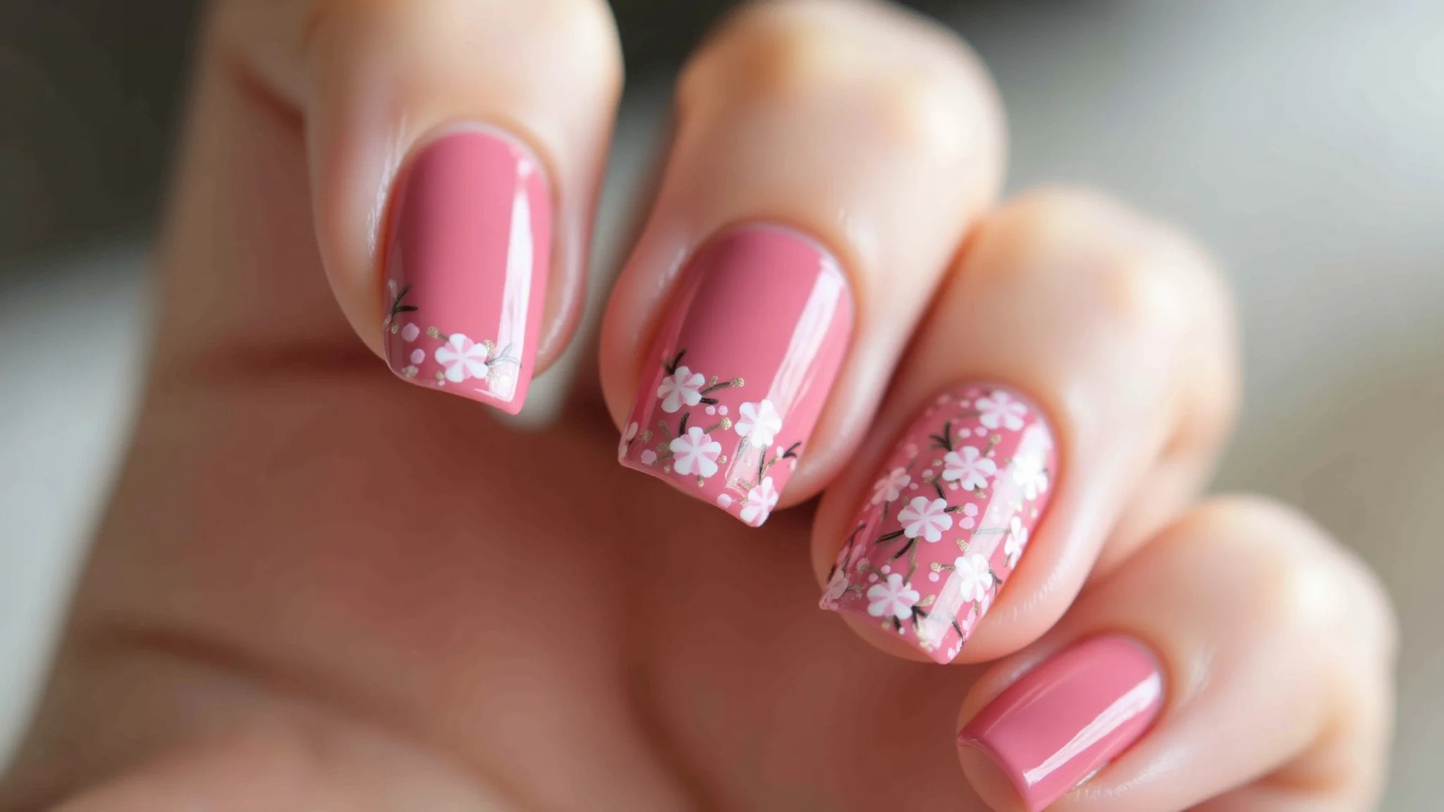 Unhas rosa floral com delicadas flores pintadas à mão, luz natural suave.
