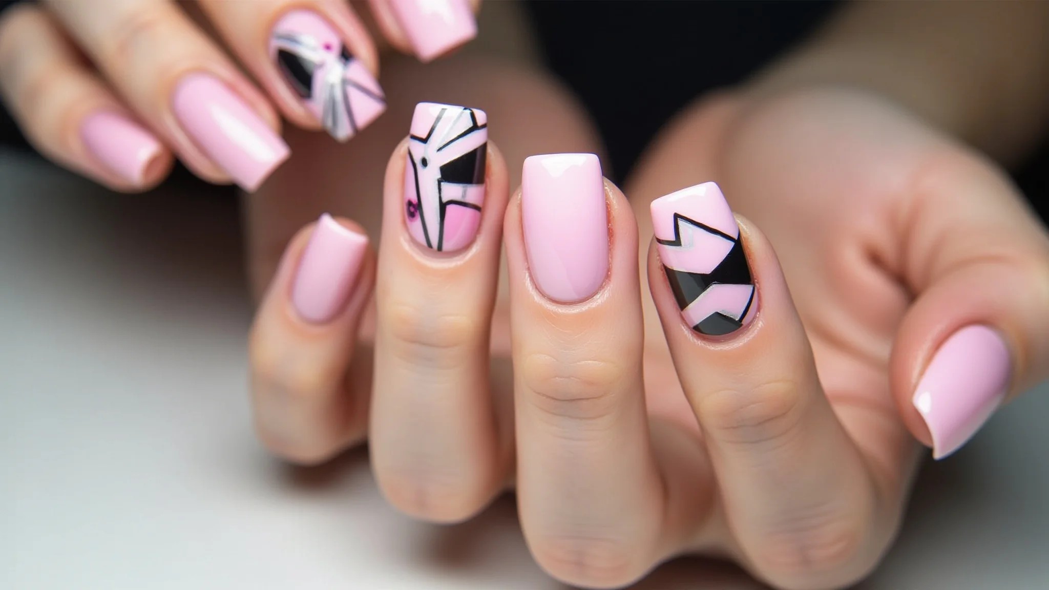 Unhas rosa com desenhos geométricos, estilo moderno e ousado, cores contrastantes.
