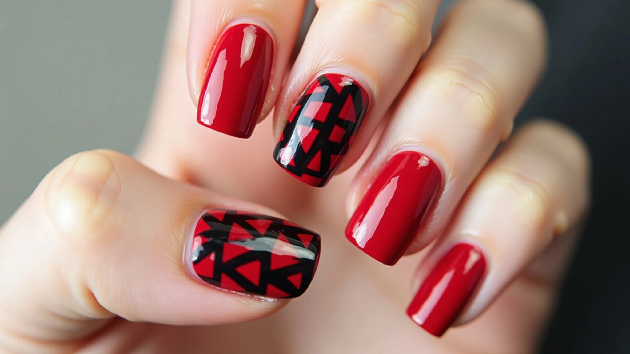 Unhas vermelhas com desenhos geométricos, estilo moderno e arrojado.