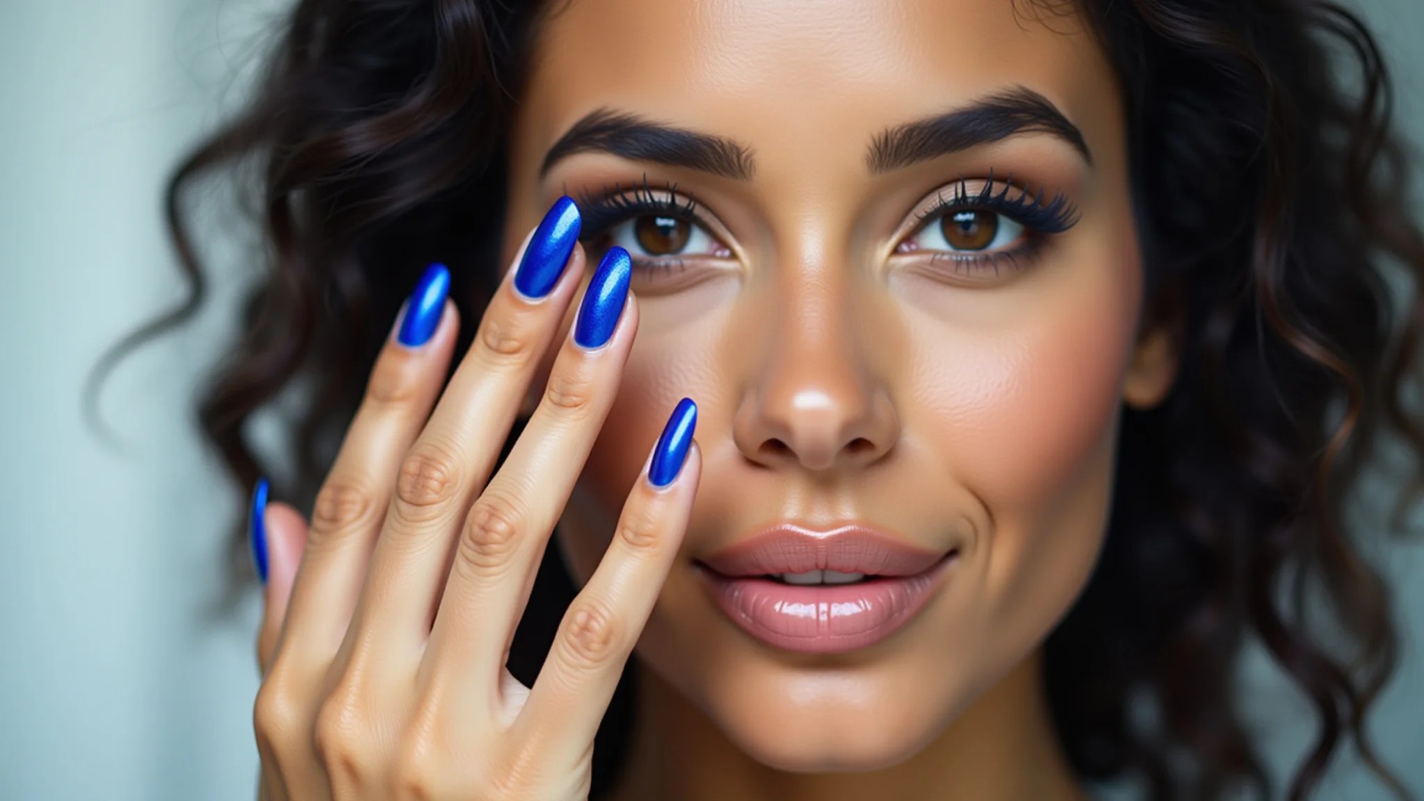 Unhas azul royal metalizado, mulher brasileira, atitude e poder.