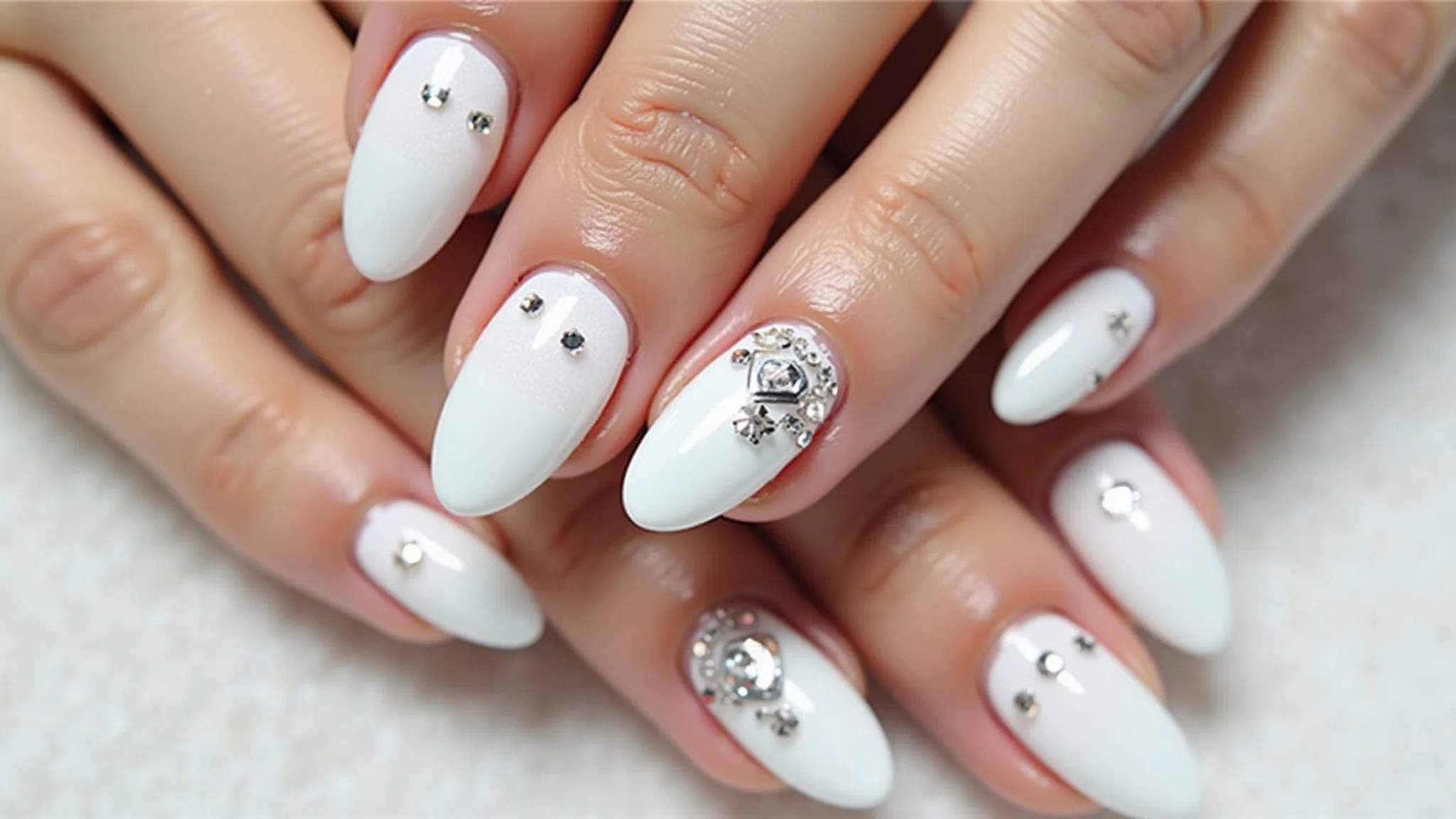 Unhas de gel brancas decoradas com pedrarias e desenhos geométricos.