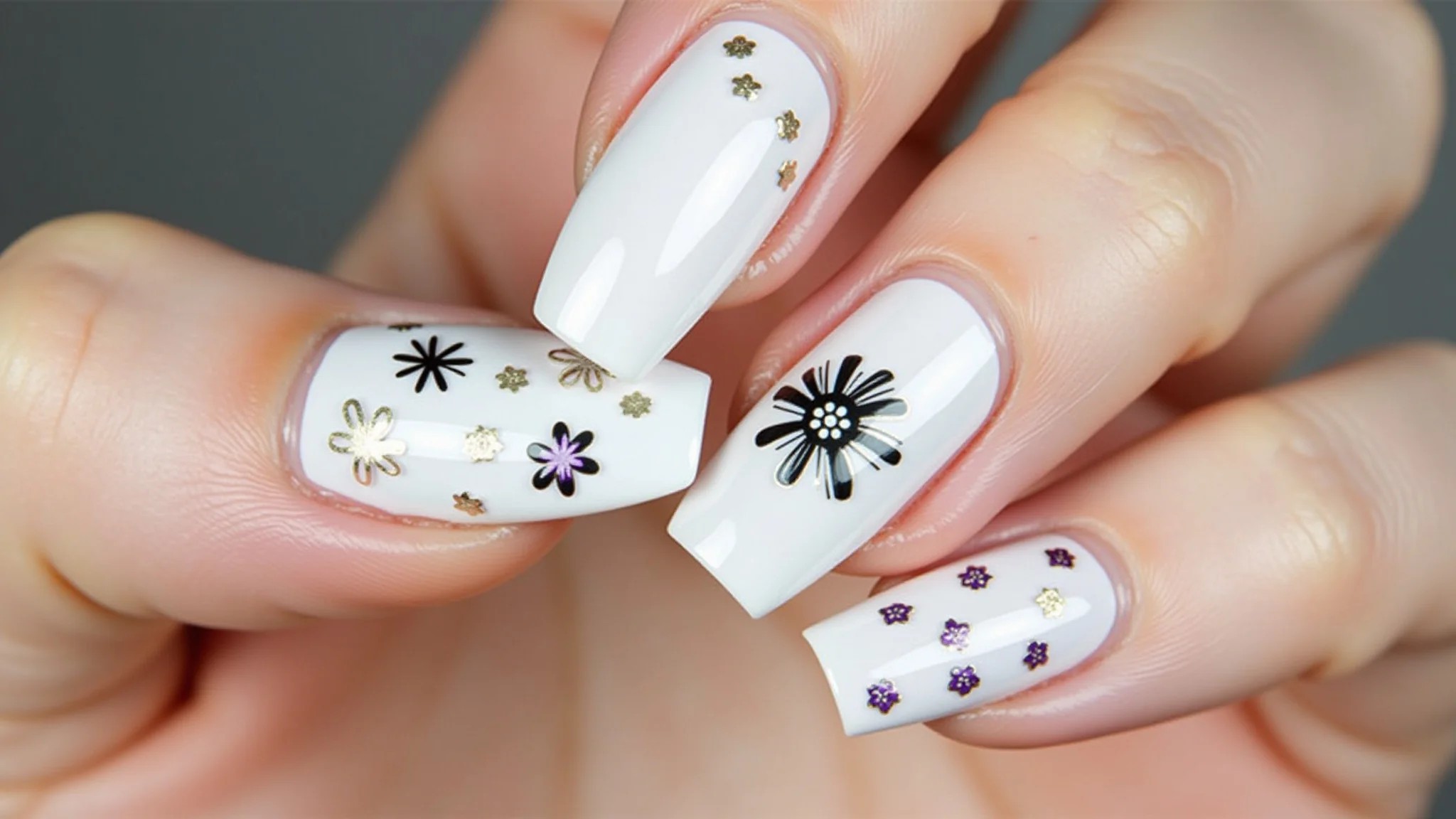 Unhas de gel brancas decoradas com adesivos de flores e formas geométricas.