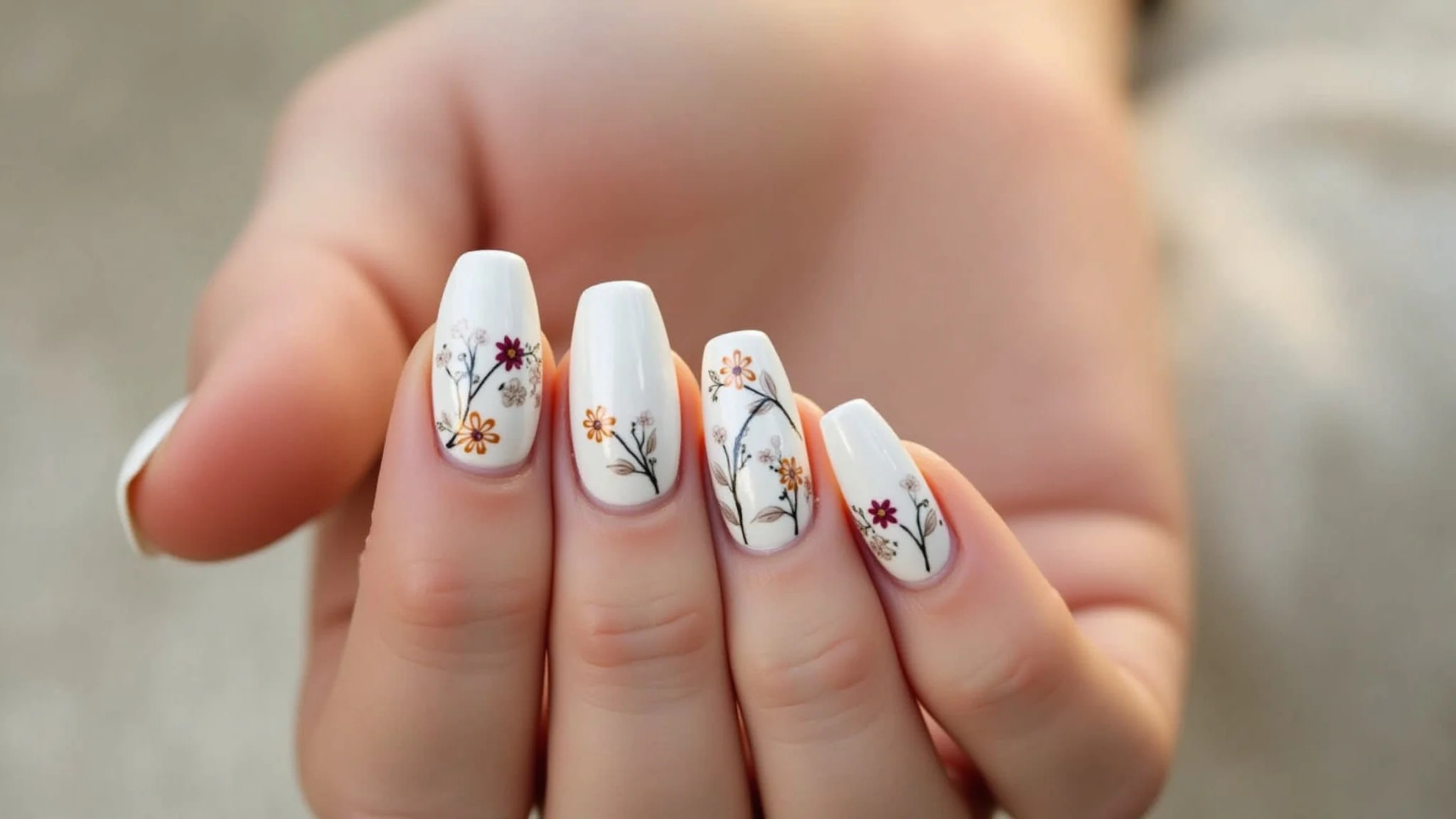 Unhas de gel brancas com flores pintadas à mão.
