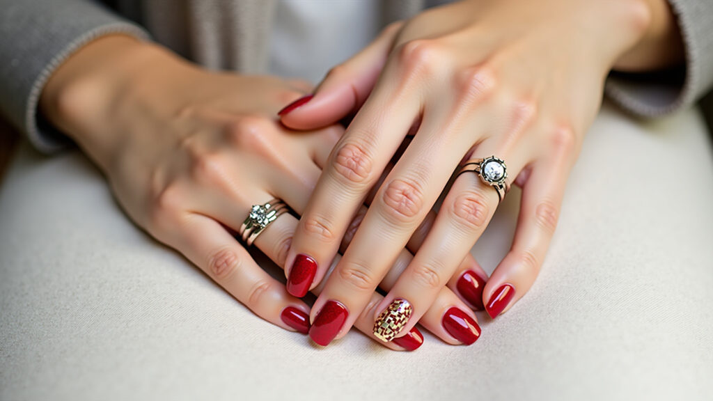 Unha vermelha e dourada com design xadrez glamouroso.