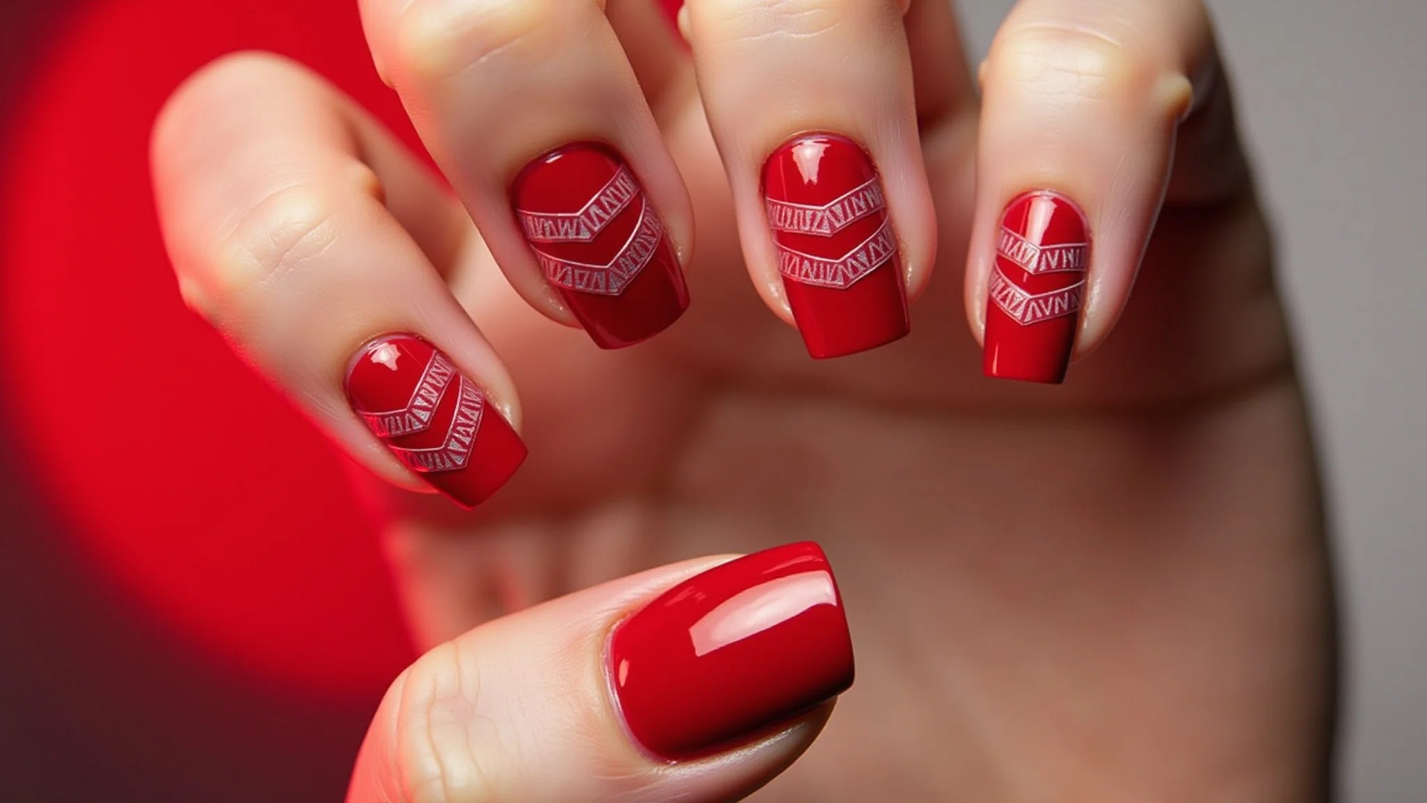 Unhas de fibra de vidro vermelhas com desenhos geométricos modernos.
