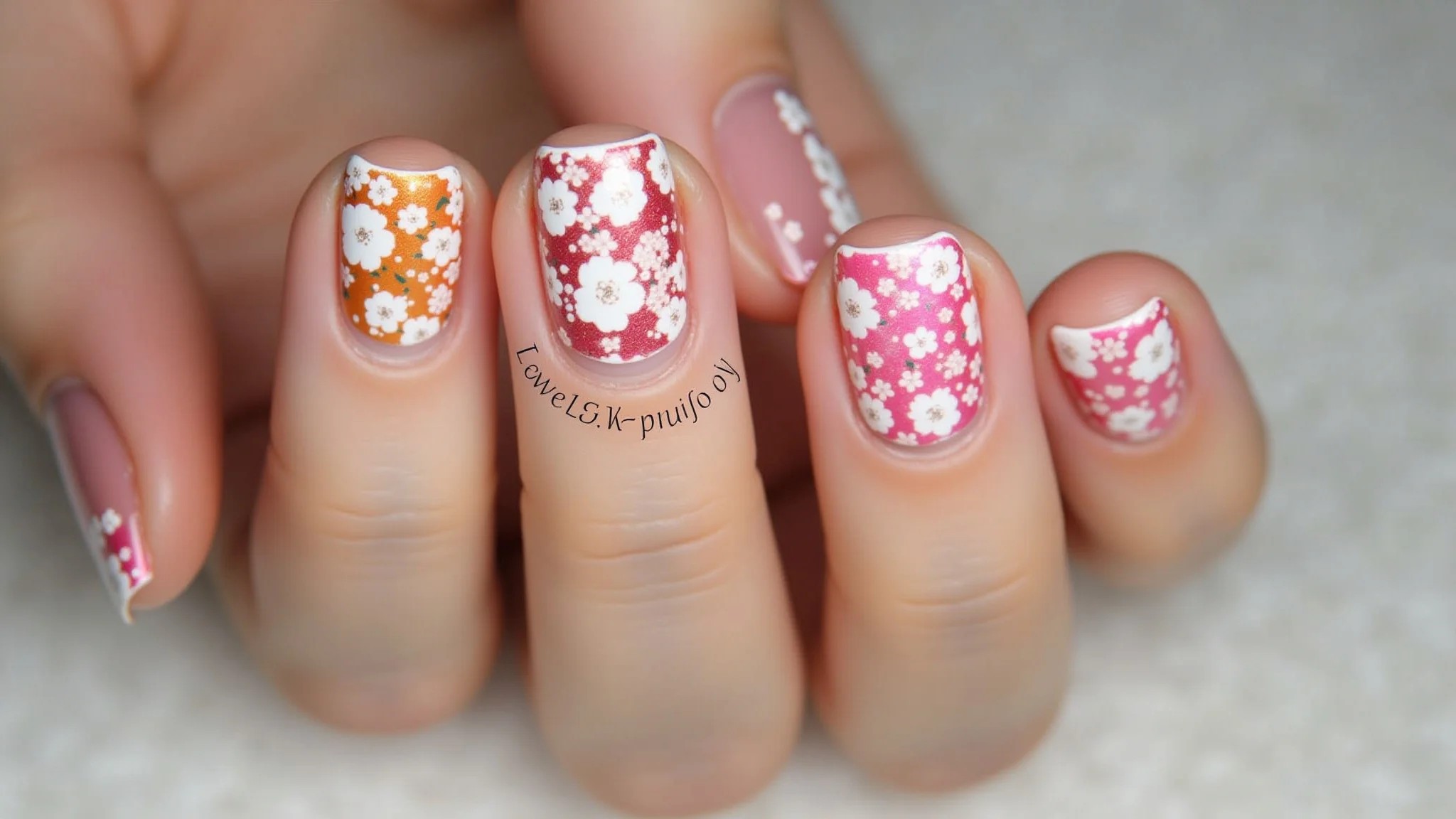Unhas decoradas com adesivos temáticos florais, praticidade e charme.