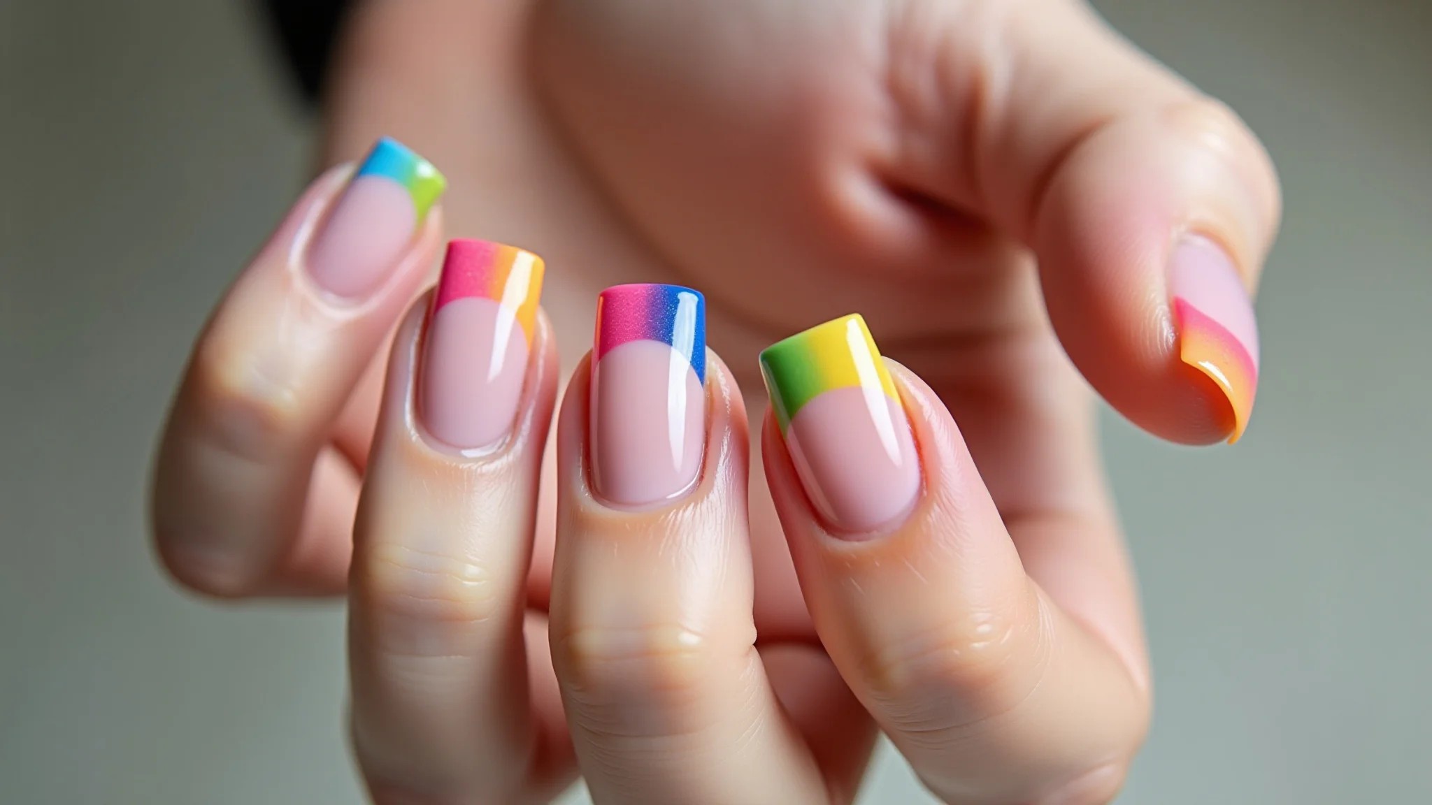 Francesinha colorida em unhas curtas, visual divertido e cheio de personalidade.