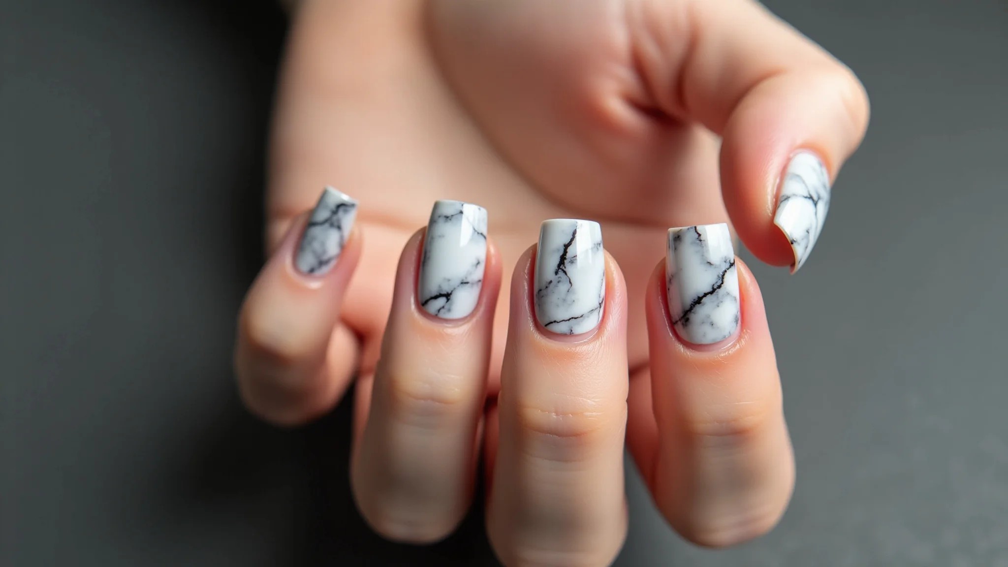 Unhas com efeito mármore, tendência moderna e elegante.