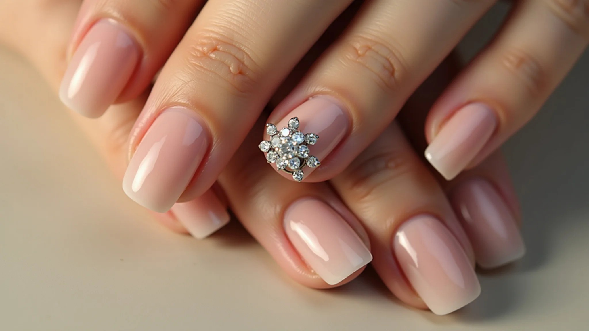 Filha única com joia, destaque sutil e elegante em unhas decoradas.
