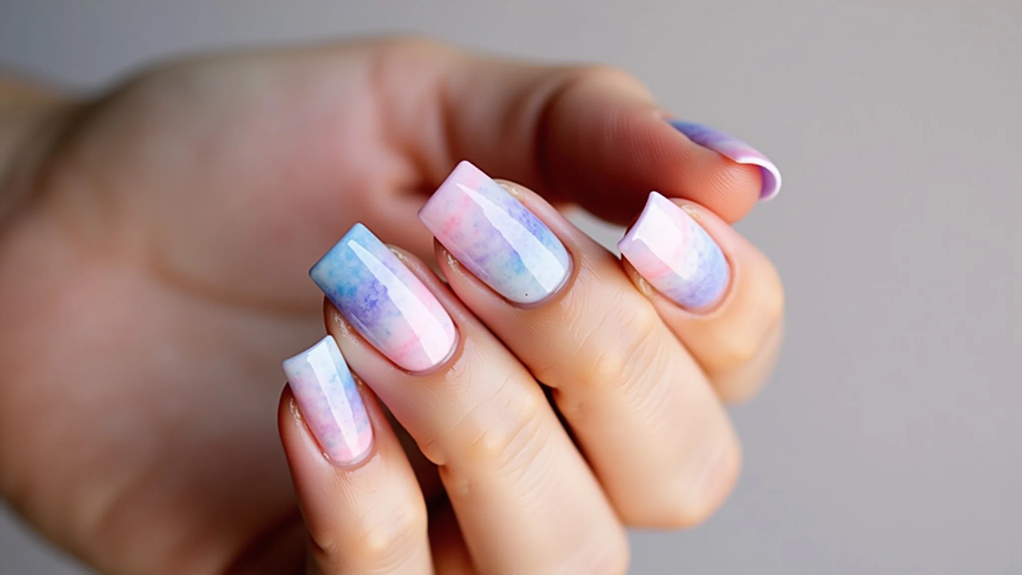 Unhas de fibra de vidro quadradas marmorizadas em tons pastel, visual suave e romântico.