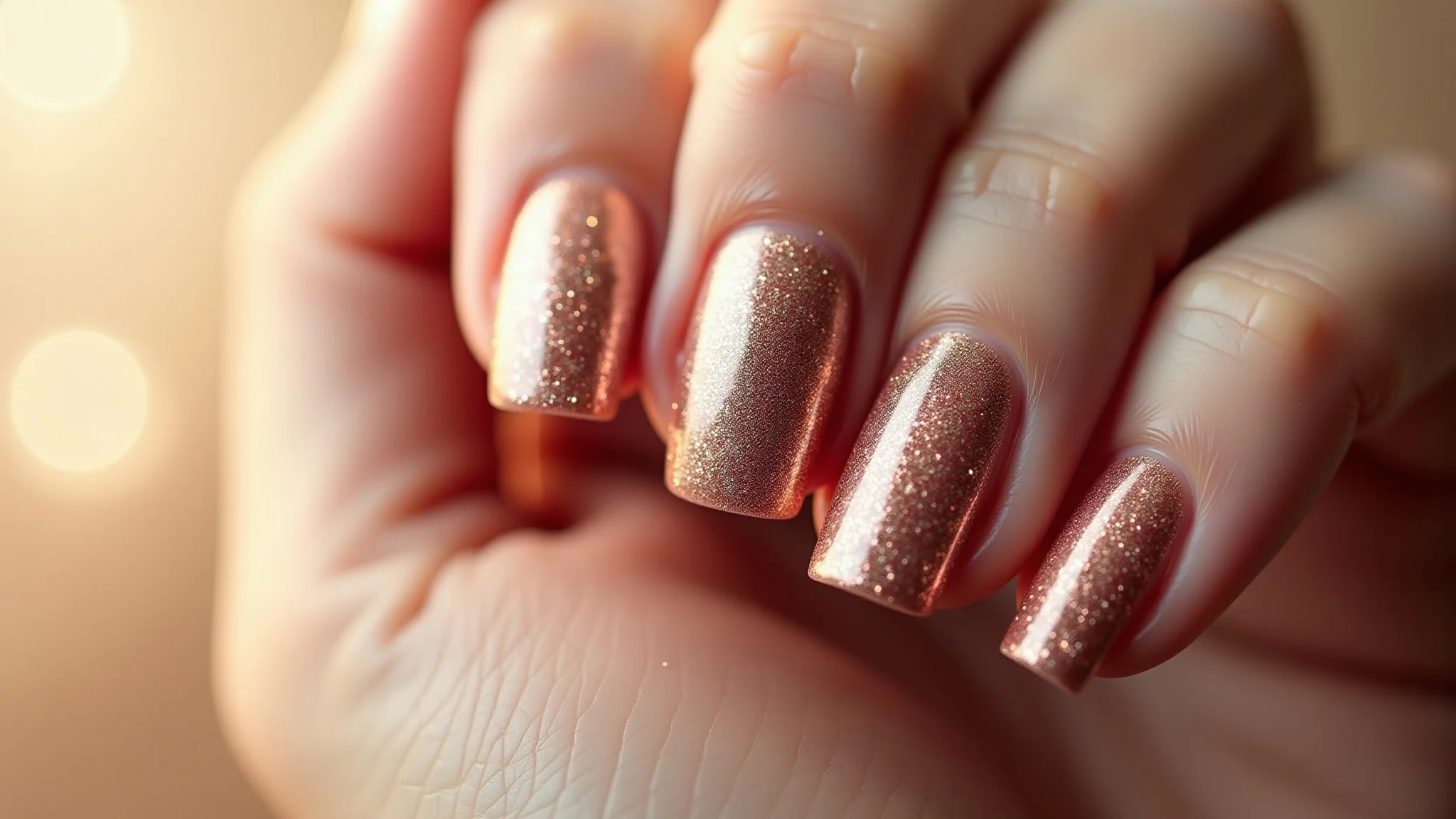 Unhas com glitter rosê gold, sofisticadas e delicadas, fotografia profissional.