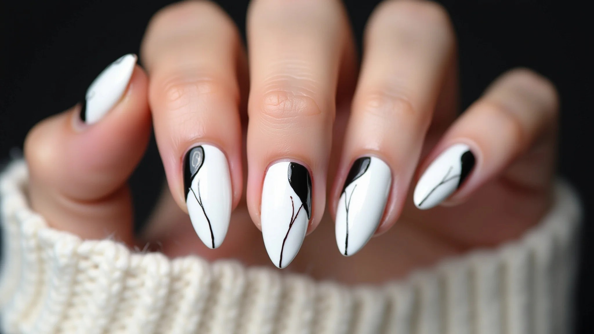 Unhas amendoadas com design em preto e branco, formato elegante e moderno.