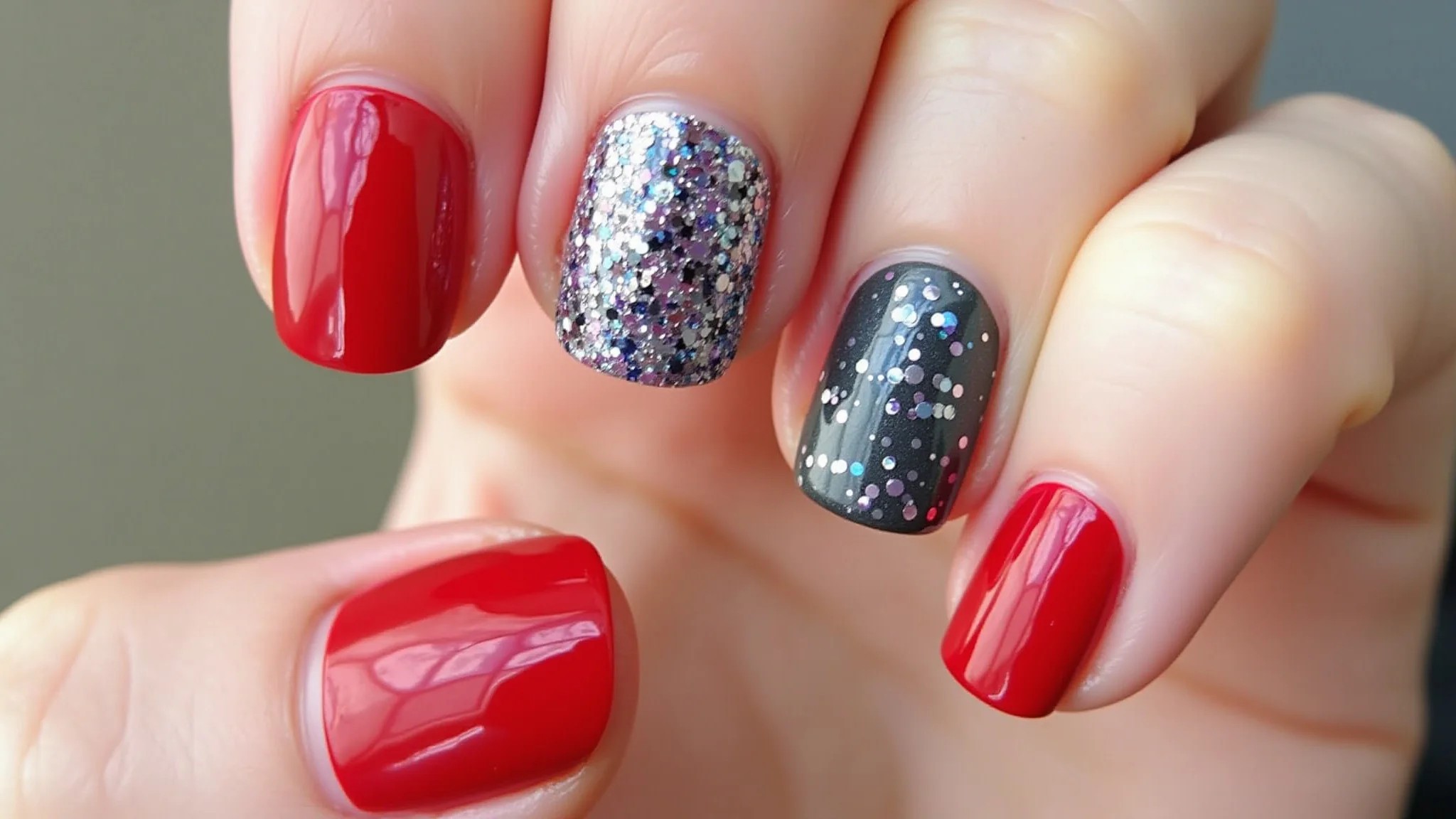 Filha única com glitter estelar, outras unhas em cor sólida, fotografia profissional.