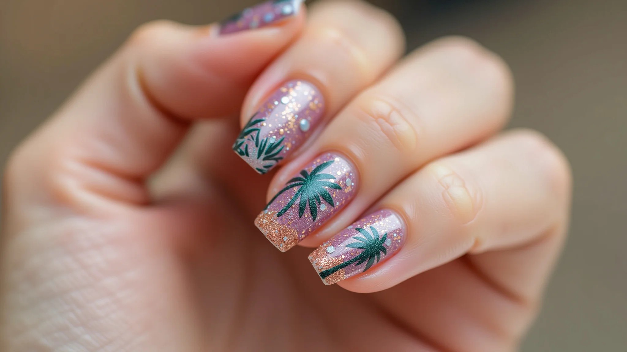 Filha única com glitter e aplicações tropicais, unhas decoradas.