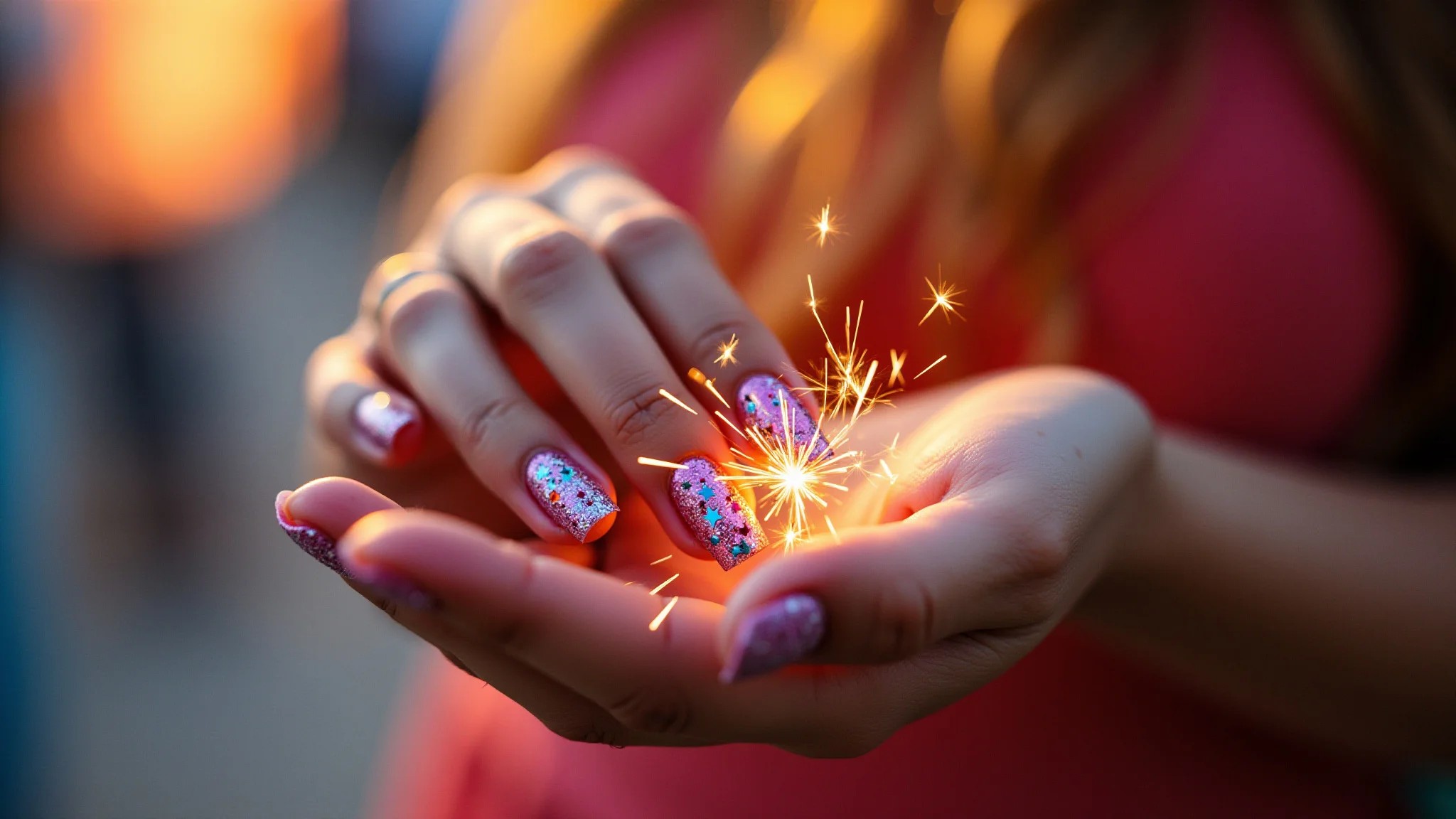 Francesinha com glitter furta-cor, unhas brilhantes e chamativas.
