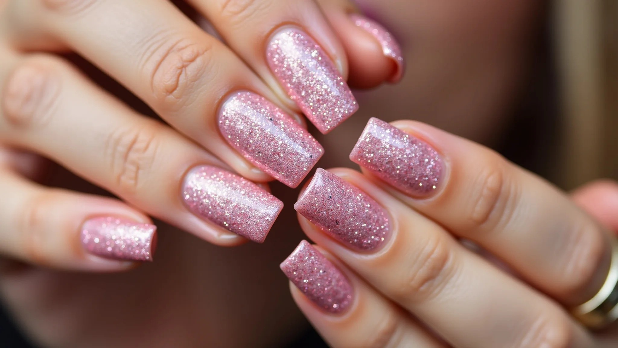 Unhas com glitter rosa brilhante, mãos diversas, estilo glamouroso, Outubro Rosa.