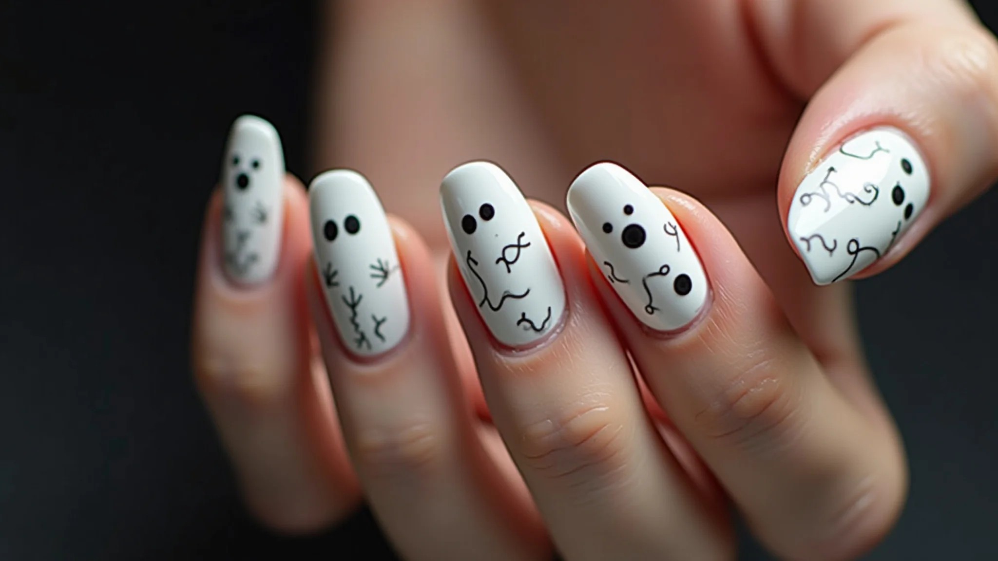 Unhas minimalistas de Halloween: unhas brancas com fantasmas delicados, fotografia de alta qualidade.