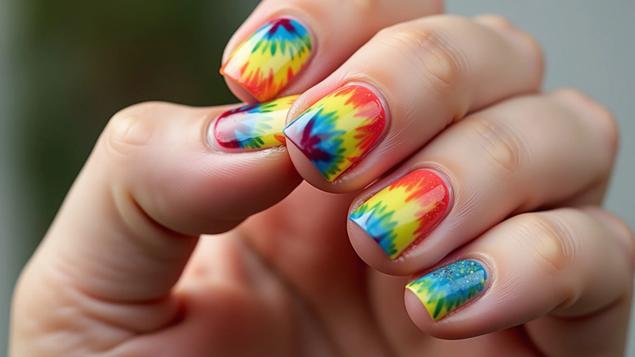 Unhas tie-dye com cores vibrantes, estilo de verão.