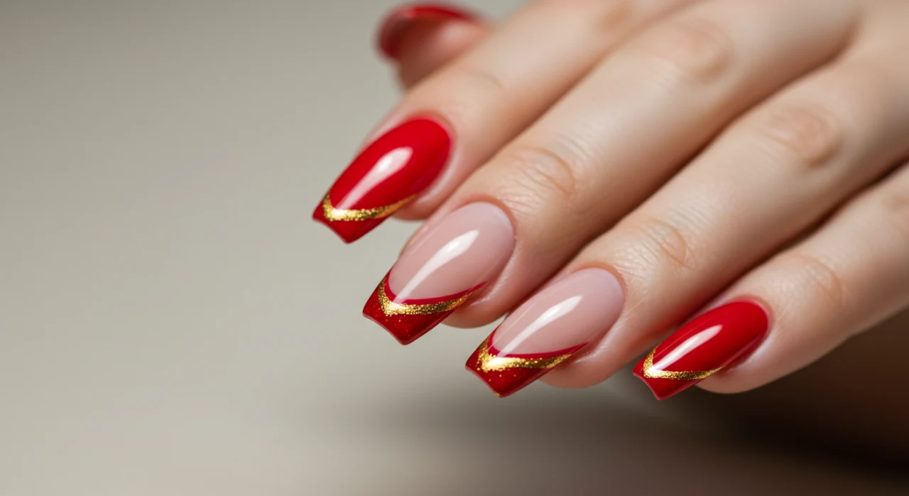Close-up de unhas vermelhas com francesinha dourada, elegante e sofisticado.