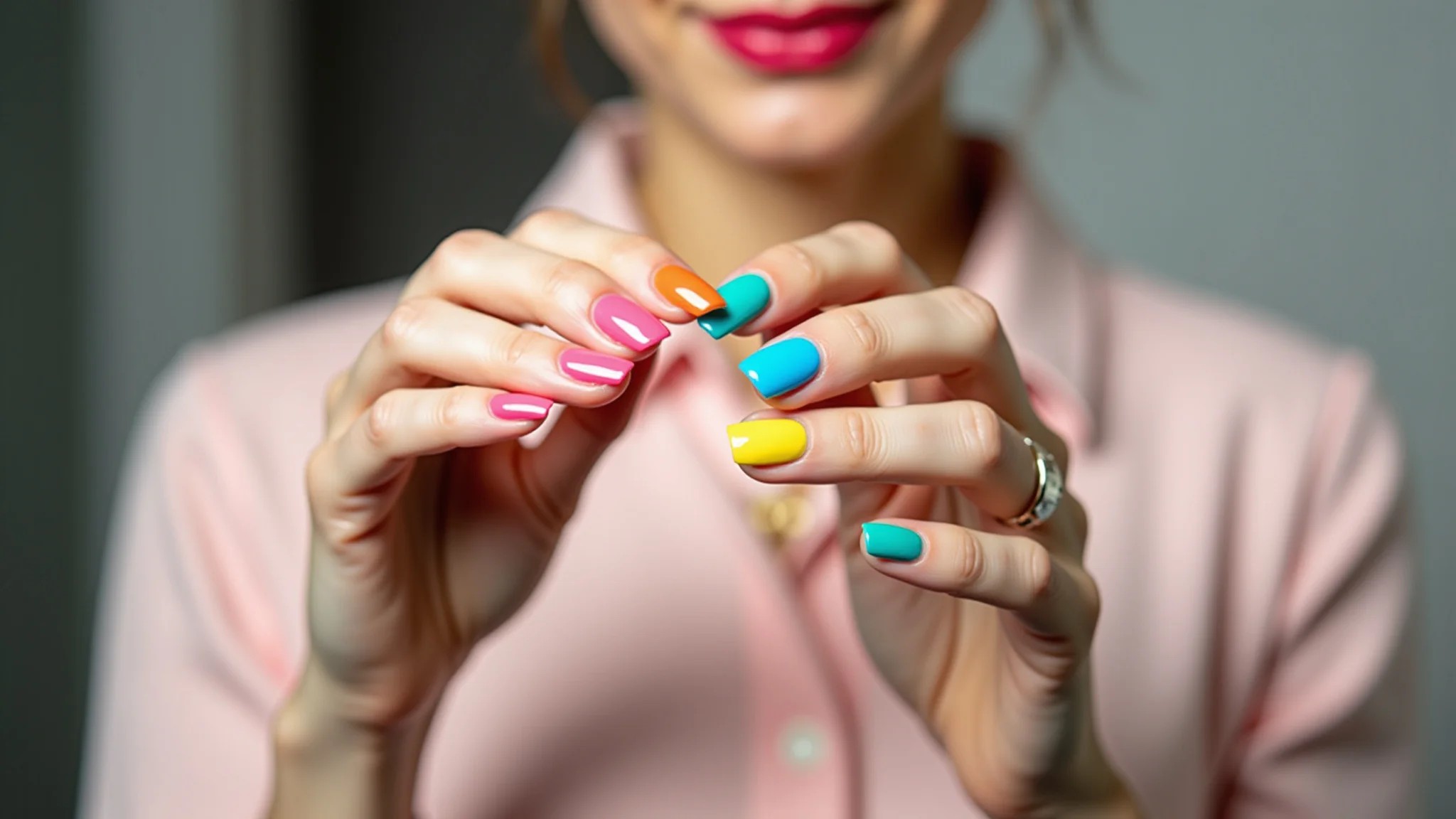 Francesinha colorida em tons pastel, alegre e delicada, unhas decoradas.