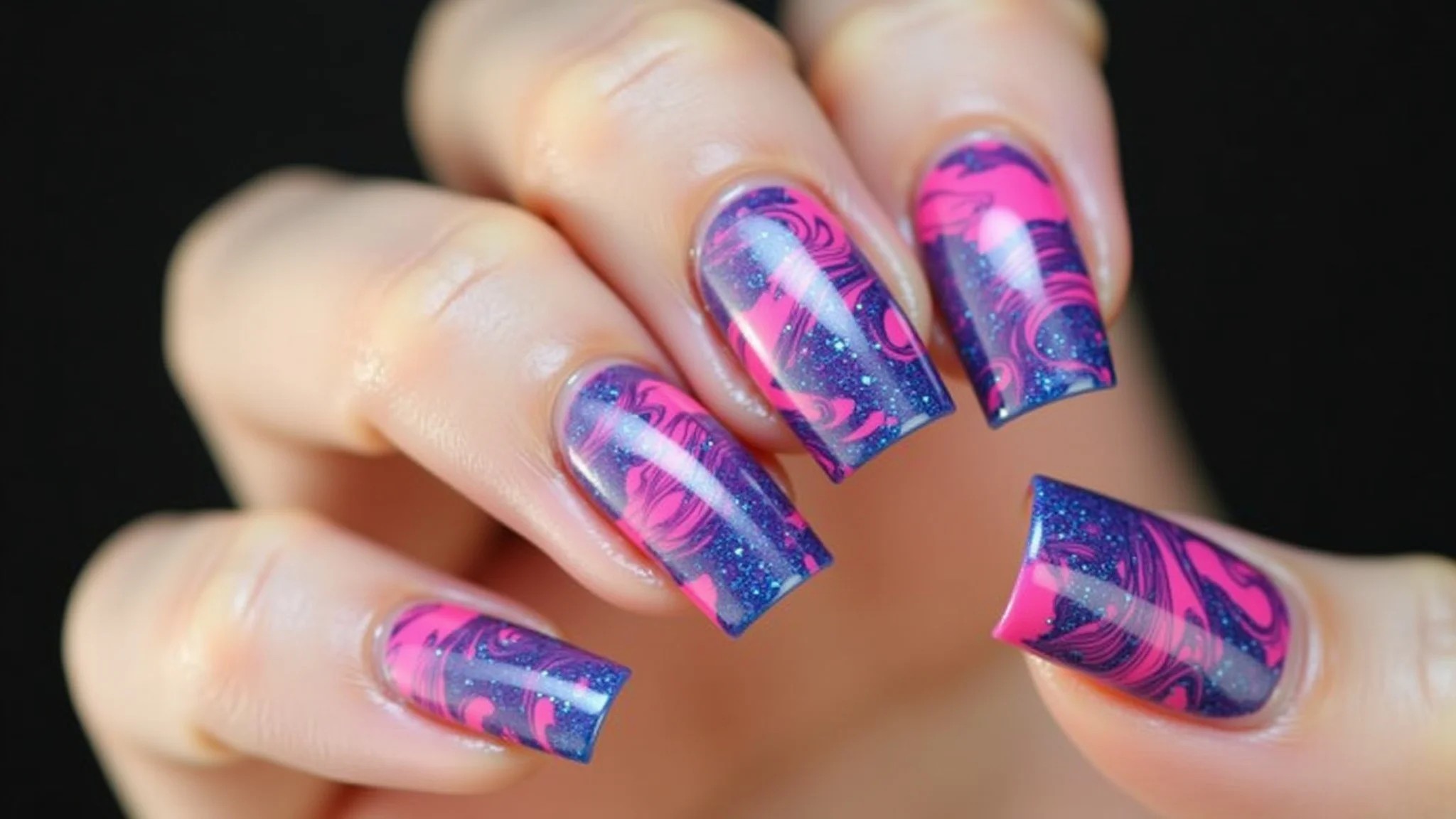 Unhas marmorizadas coloridas e vibrantes, expressando personalidade e ousadia.